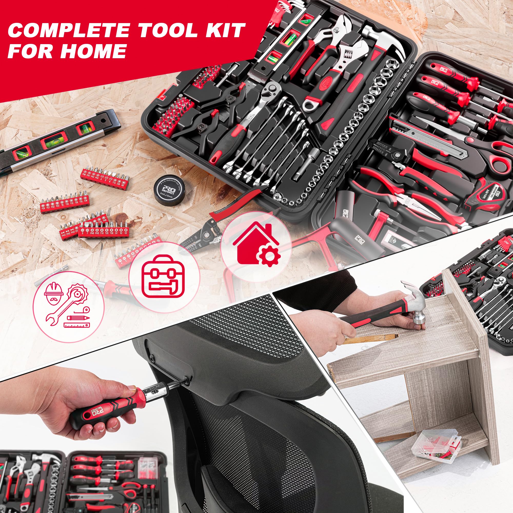 Prostormer Kit de herramientas de 259 piezas, juego de herramientas manuales para el hogar con caja de herramientas de almacenamiento de plástico, caja de herramientas de reparación completa portátil