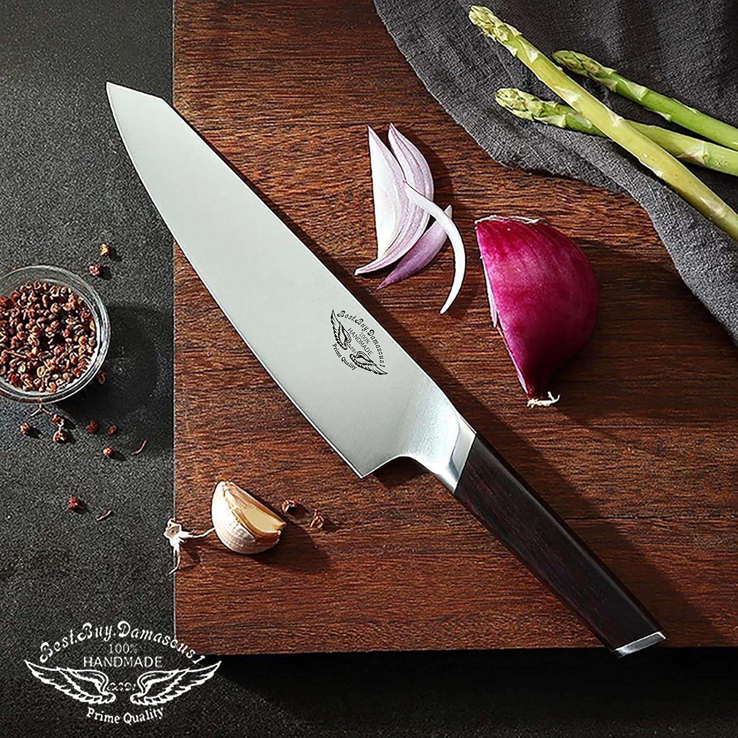 Best.Buy.Damascus1 Knife Sets 7 Piece German Stainless Steel Kitchen Knives Block Set Germen Stainless-Steel Blades Walnut Wood Knife Block, Kitchen Knife Set, Black (Germen Knife Set)