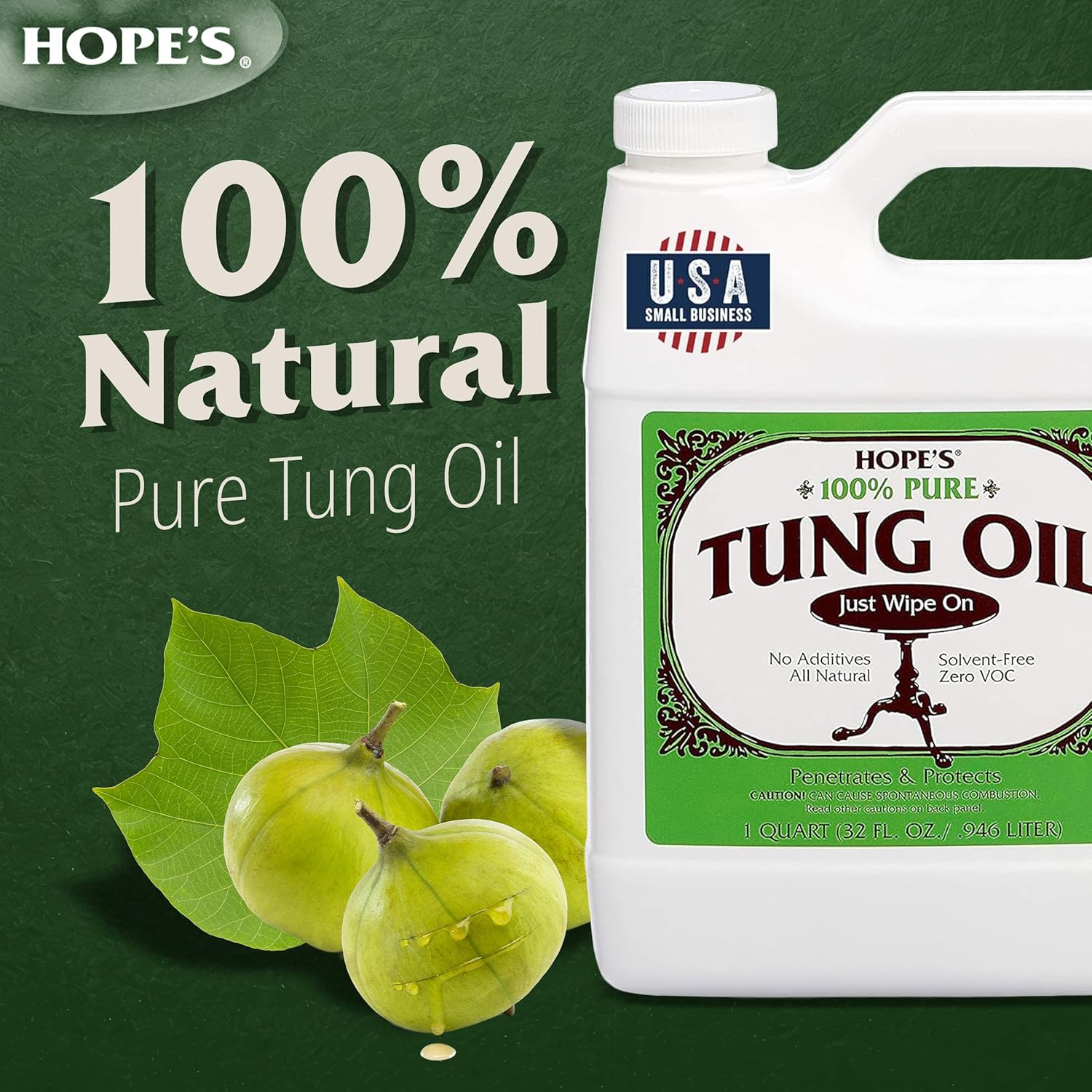 HOPE'S 100% Pure Tung Oil, Food Safe, Premium Waterproof Natural Wood Finish and Sealer for Indoor and Outdoor Projects, 32 Fl Oz, 2 Pack