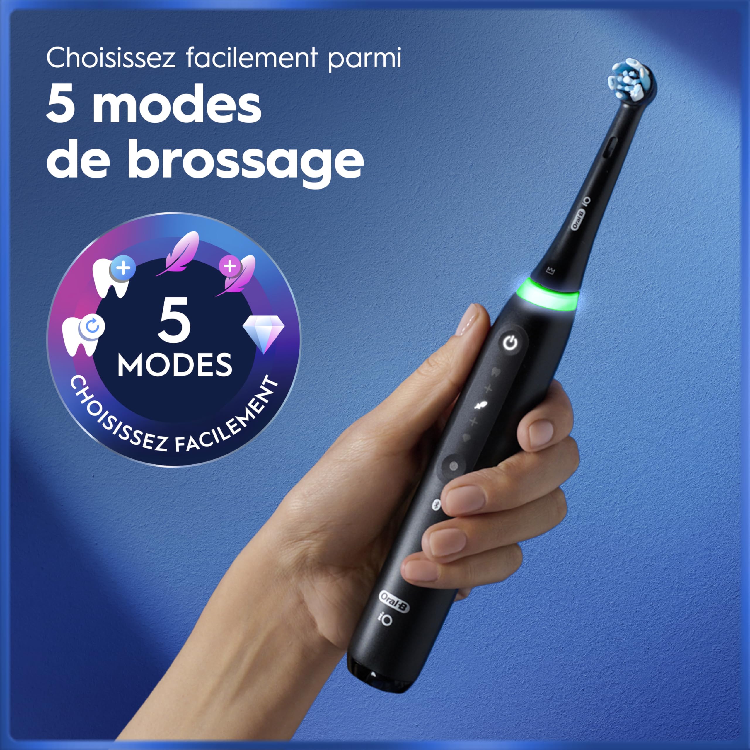 Oral-B Brosse à Dents Electrique iO 5, 3 Brossettes de Rechange, Noire – 5 Modes de Brossage dont Douceur et Blancheur, Capteur de Pression sur les Gencives et d’Usure, Batterie Rechargeable, Etui - 2