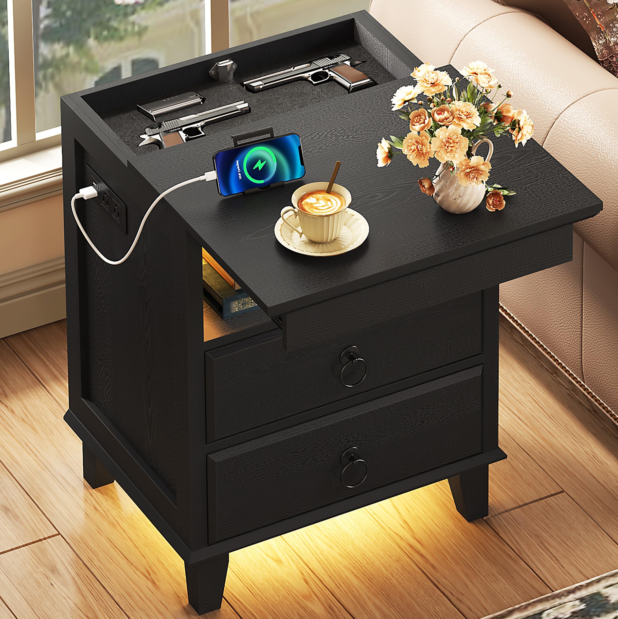 Photo 1 of Yusong Black LED Night Stand with Gun Drawer and Charging Station