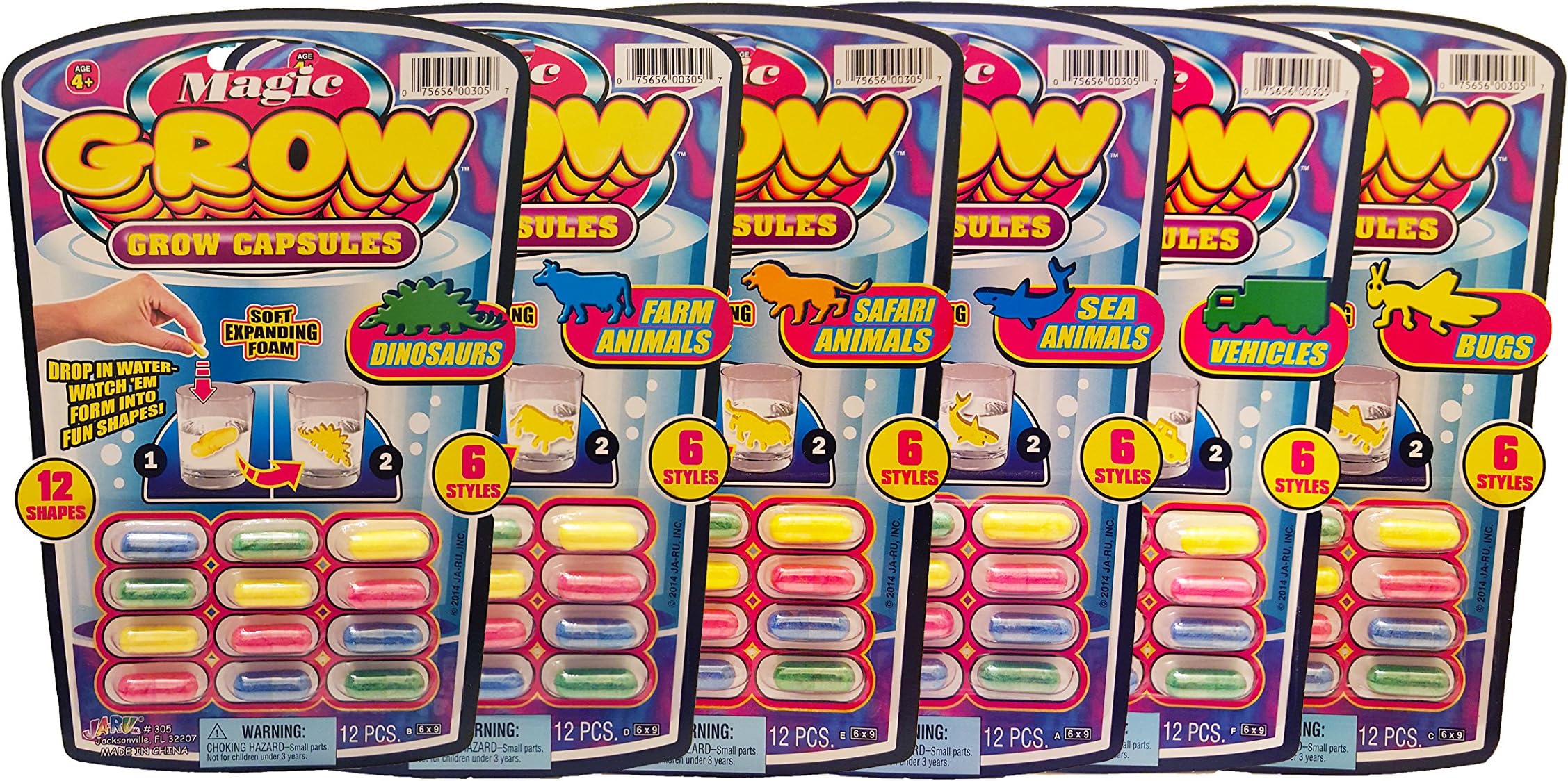 JA-RU Universal Specialties, Magic Grow Capsules 6 Pack, 72 Capsules Sea Creatures, Dinosaur, Animal Farm Toys. Water Growing Toys for Kids. Animal Party Favors Fidget Toy.305-6A