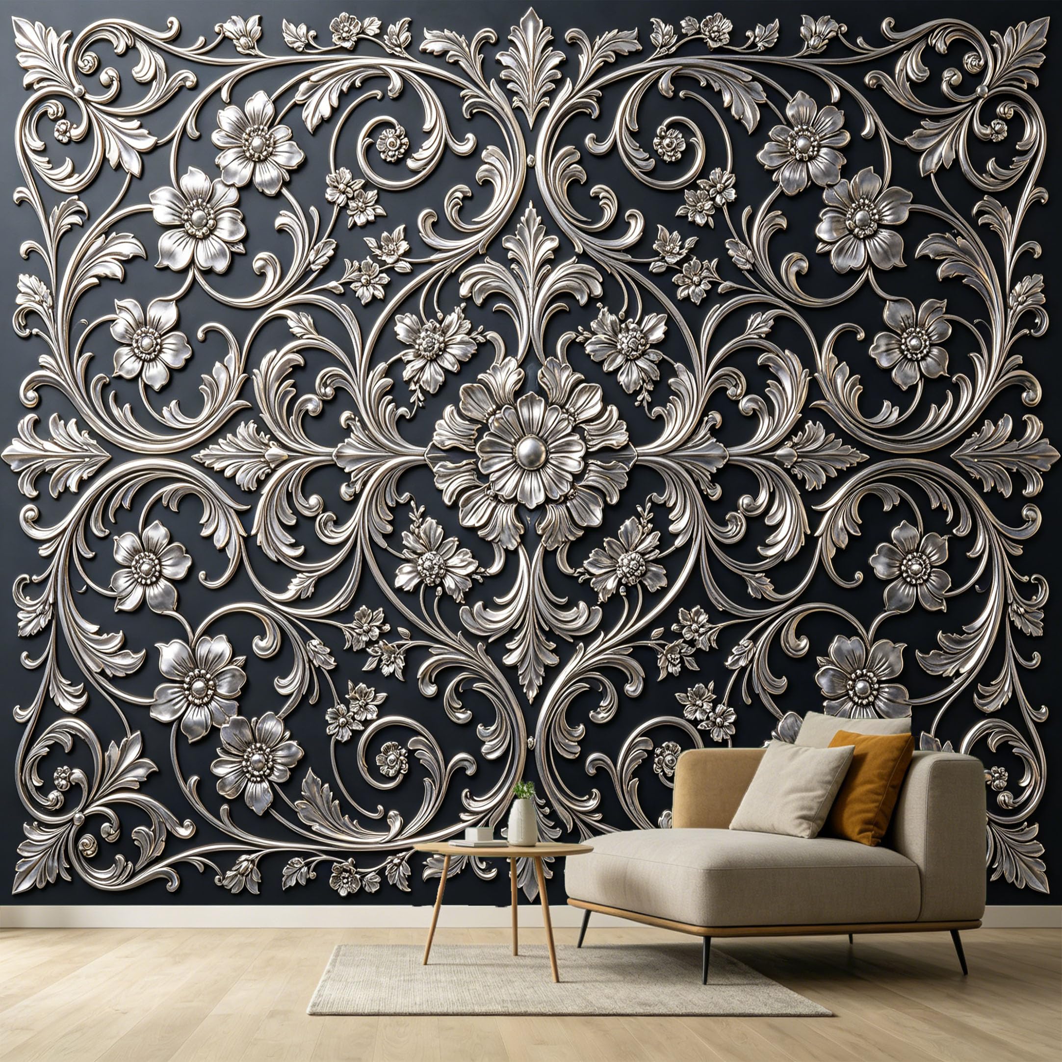 Custom Size Wall Murals Neoclassical Silver Metal Floral Pattern 3D Textured Relief SelfAdhesive Wall Fabric Removable Large Wallpaper for Photo Living Room