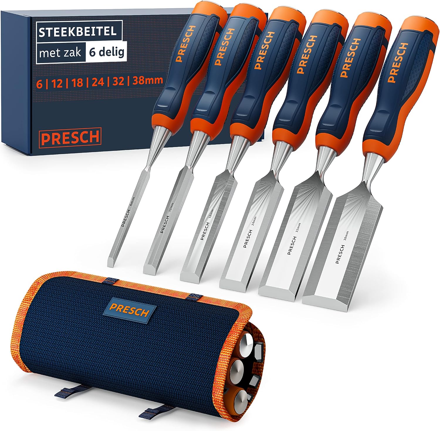 Presch Houtbeitelset 10dlg. Incl. tas - Kant-en-klaar geslepen beitels (6, 10, 12, 16, 18, 20, 24, 26, 32, 38mm) - Professionele beitels met 25° wighoek incl. robuuste metalen slagkap