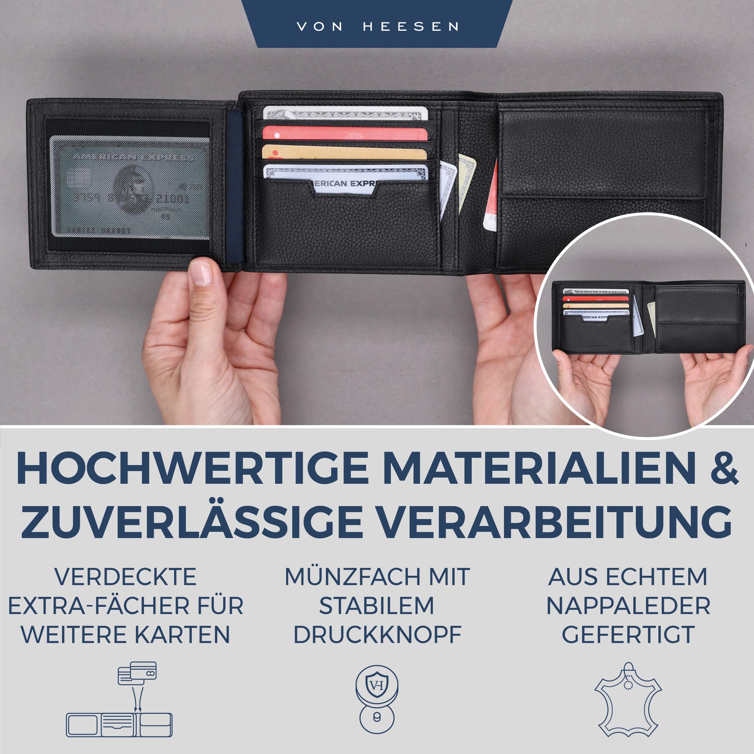 VON HEESEN Leder Geldbörse Herren mit RFID Schutz I Echtleder Geldbeutel für Männer I Münzbörse Portemonnaie Brieftasche Wallet Portmonee (Schwarz)