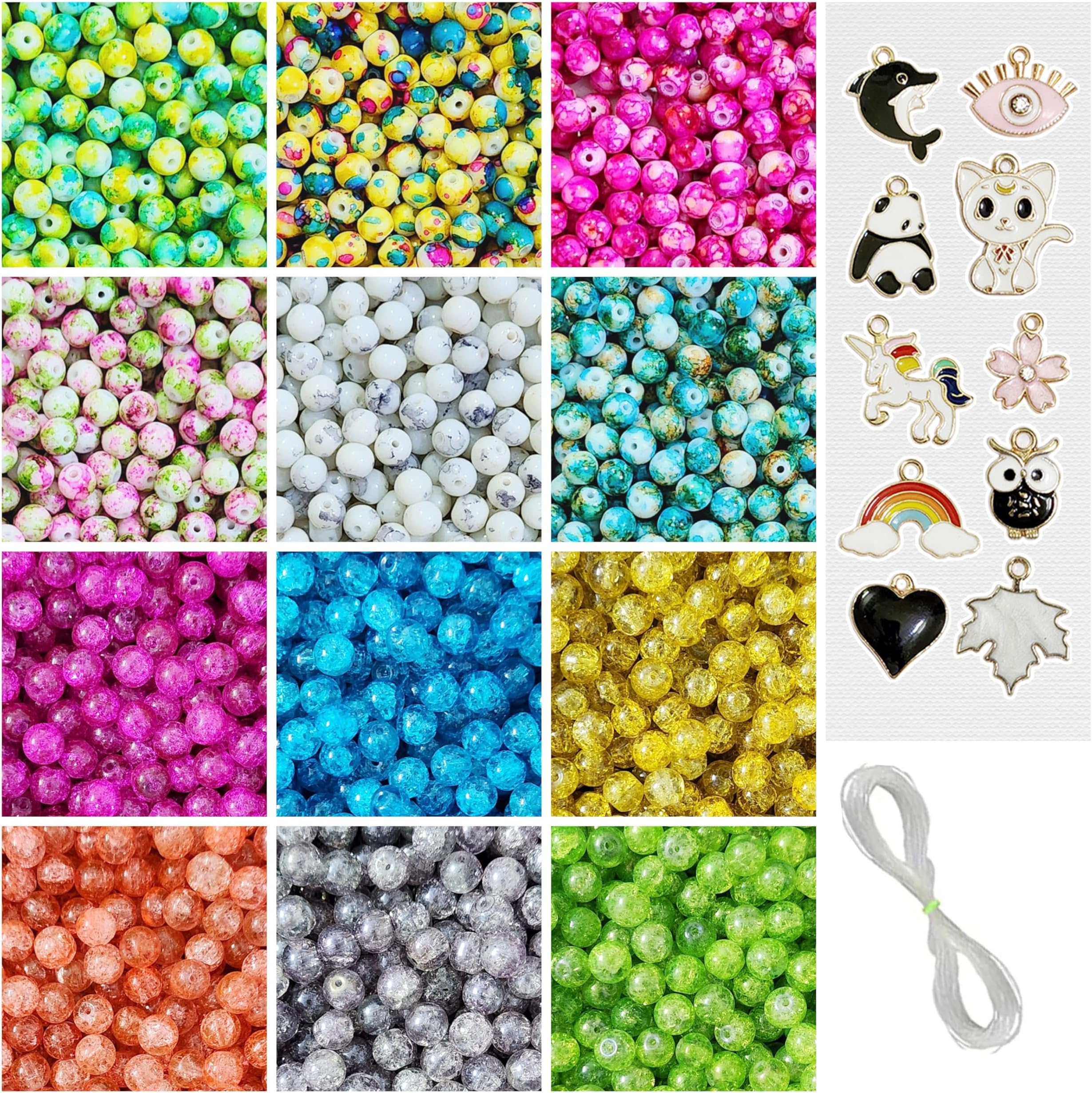 REGLET 10 Pcs Charms + 210 Pcs Marble + 210 Pcs Sparkle Glass Beads for Jewellery Making Kit, Multicolour Craft Collection, Beads for Bracelet Making Kit, DIY Beading Supplies Accessories (8mm, 300g)