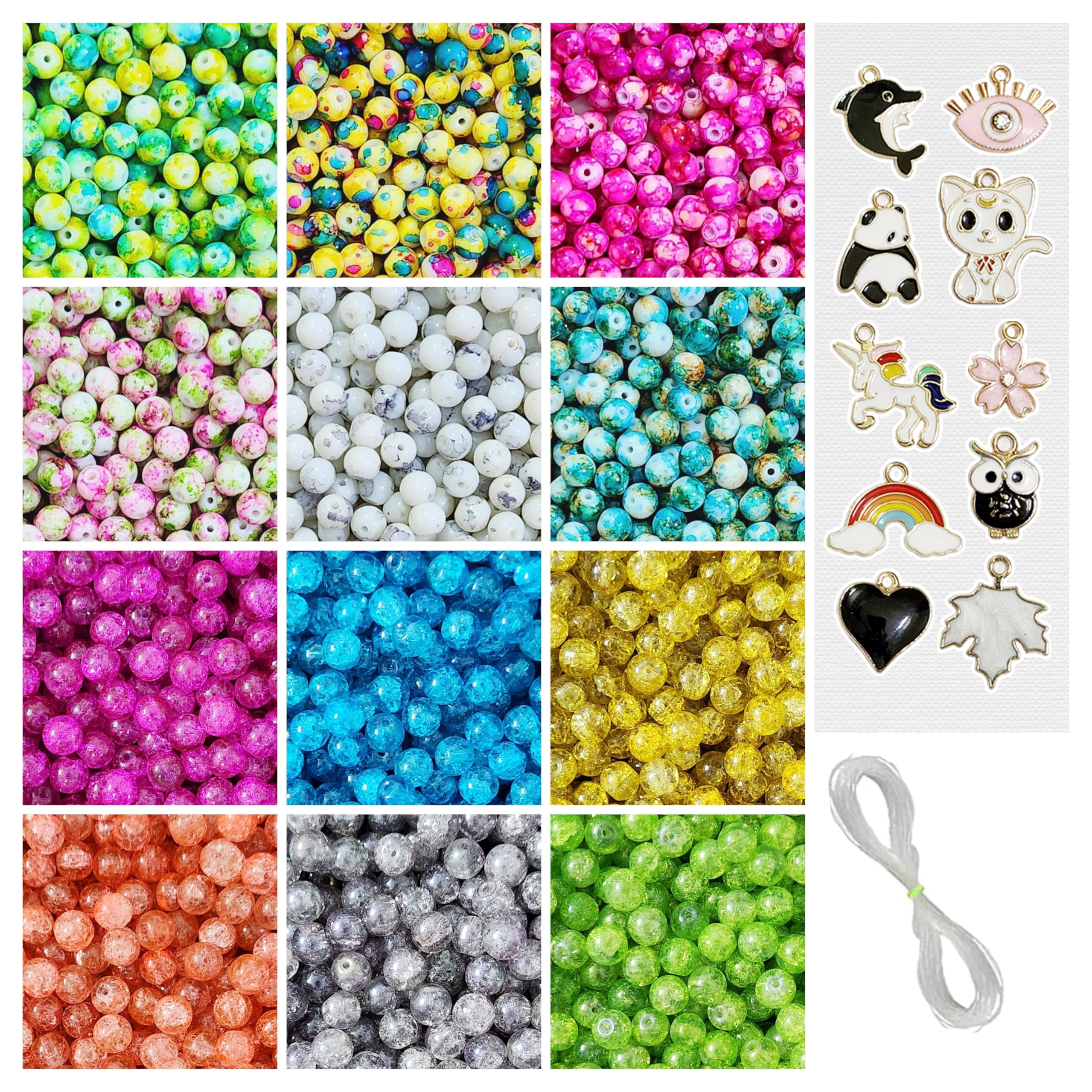 REGLET 10 Pcs Charms + 210 Pcs Marble + 210 Pcs Sparkle Glass Beads for Jewellery Making Kit, Multicolour Craft Collection, Beads for Bracelet Making Kit, DIY Beading Supplies Accessories (8mm, 300g)