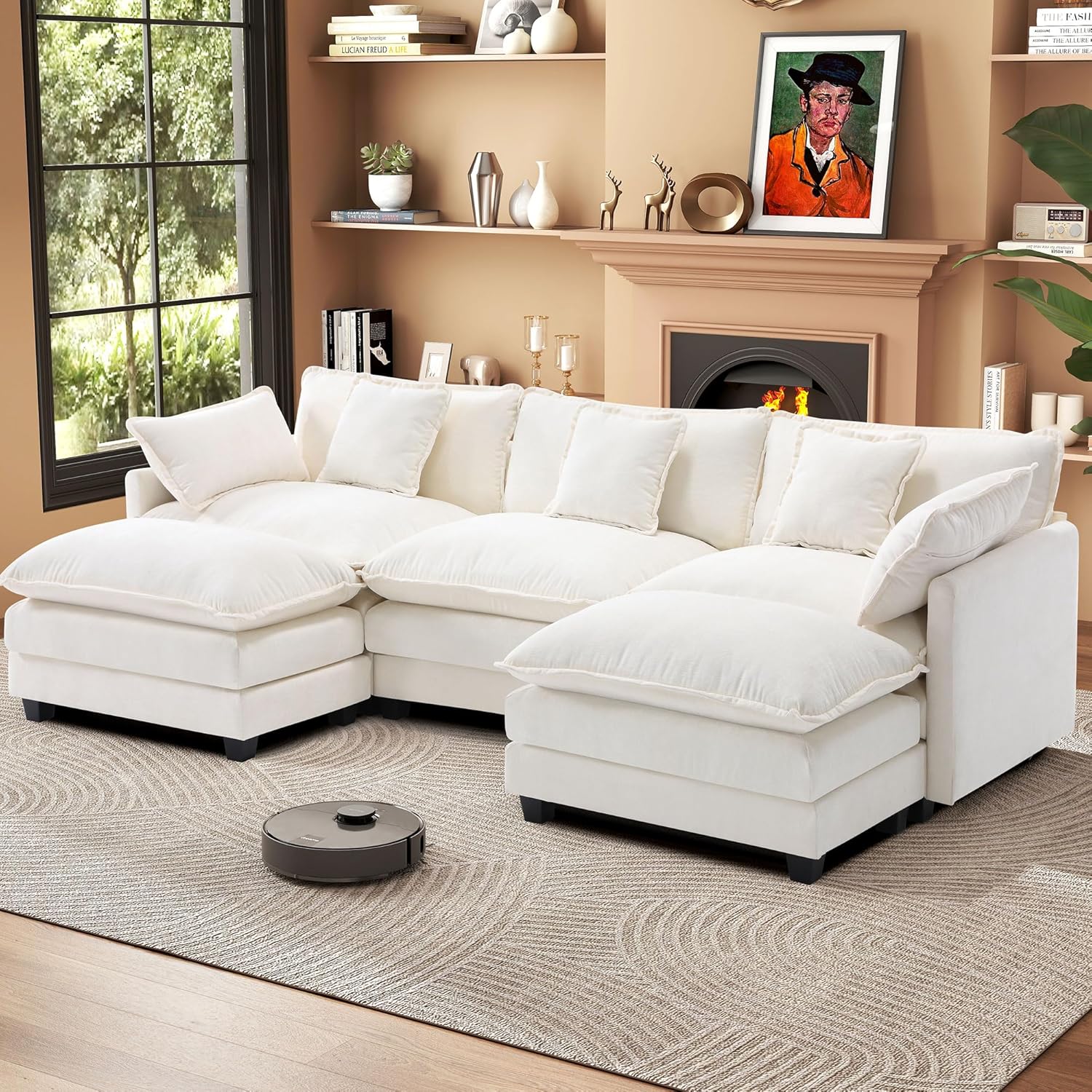 Urhanherry 111.4” Modular Sectional Sofa, U Shape Cloud Couch with 2 Movable Ottoman, Comfy Chenille Deep Seat Sofa with Soft Pillows for Living Room Apartment （Beige）
