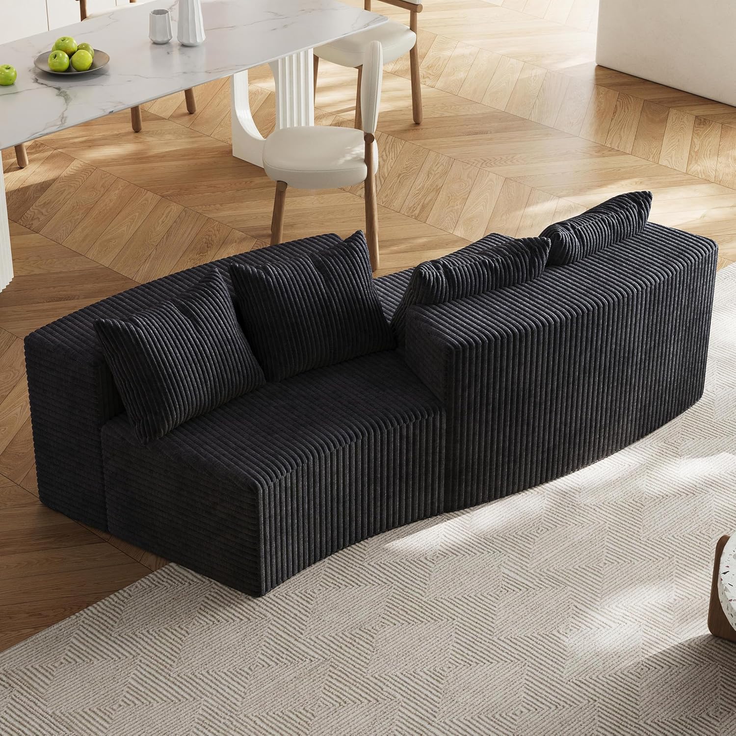 Modern Curved loveseat Sofa, Sector-Shaped Boneless Floor Couch for Living Room, Upholstery Ribbed Pattern Corduroy Fabric Arch Design Sofas Set (Black, 2-seat)