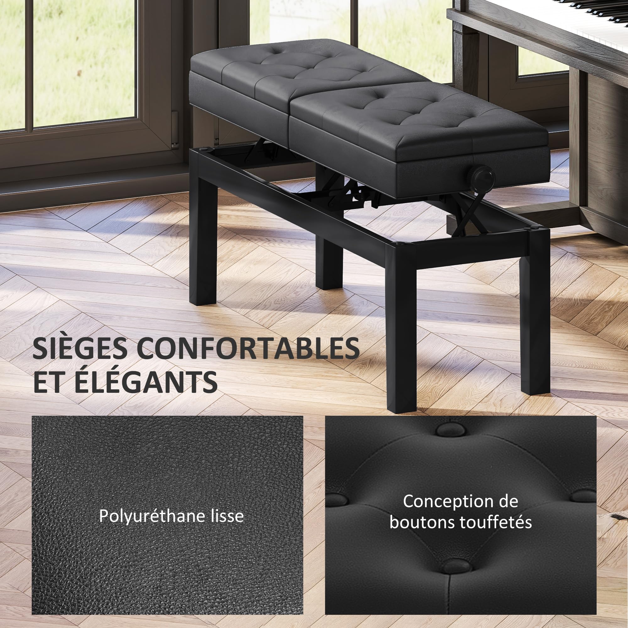 HOMCOM Banc de Piano réglable en Hauteur, Tabouret de Piano avec Rangement, Banquette pour Clavier capitonné, Pieds en Bois d'hévéa, Noir