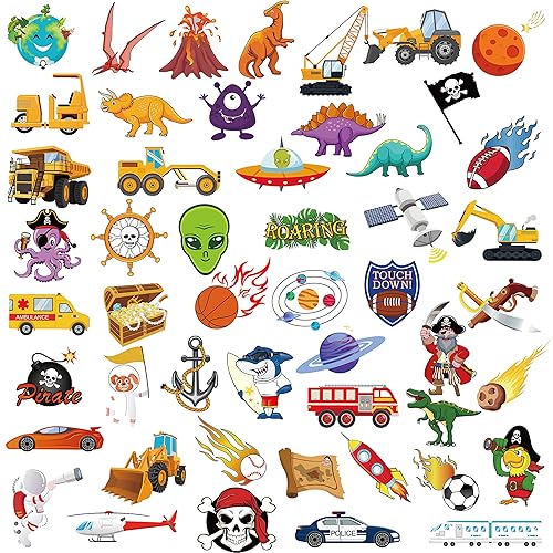 Tatuajes temporales para niños (100 unidades), sistema solar Konsait espacio exterior, pirata, zona de construcción, tractor, camión, dinosaurio,