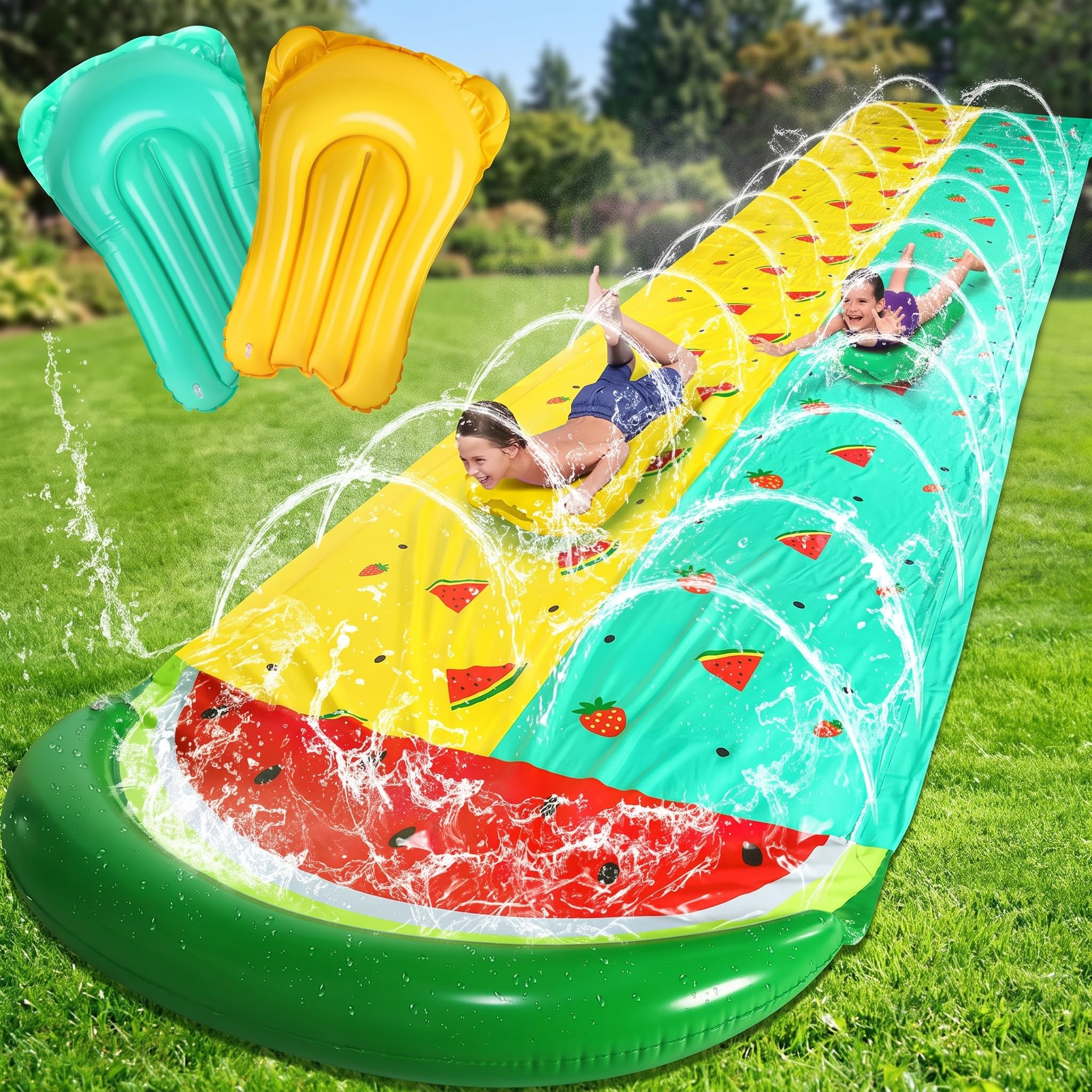 Riesige Wasserrutsche | 22,5 Fuß / 685,5 cm Heavy Duty Rasen Wasserrutsche mit eingebautem Sprinkler und 2 Rutsch aufblasbare Bretter für Party im Sommer Garten Rasen im Freien (HT-01)