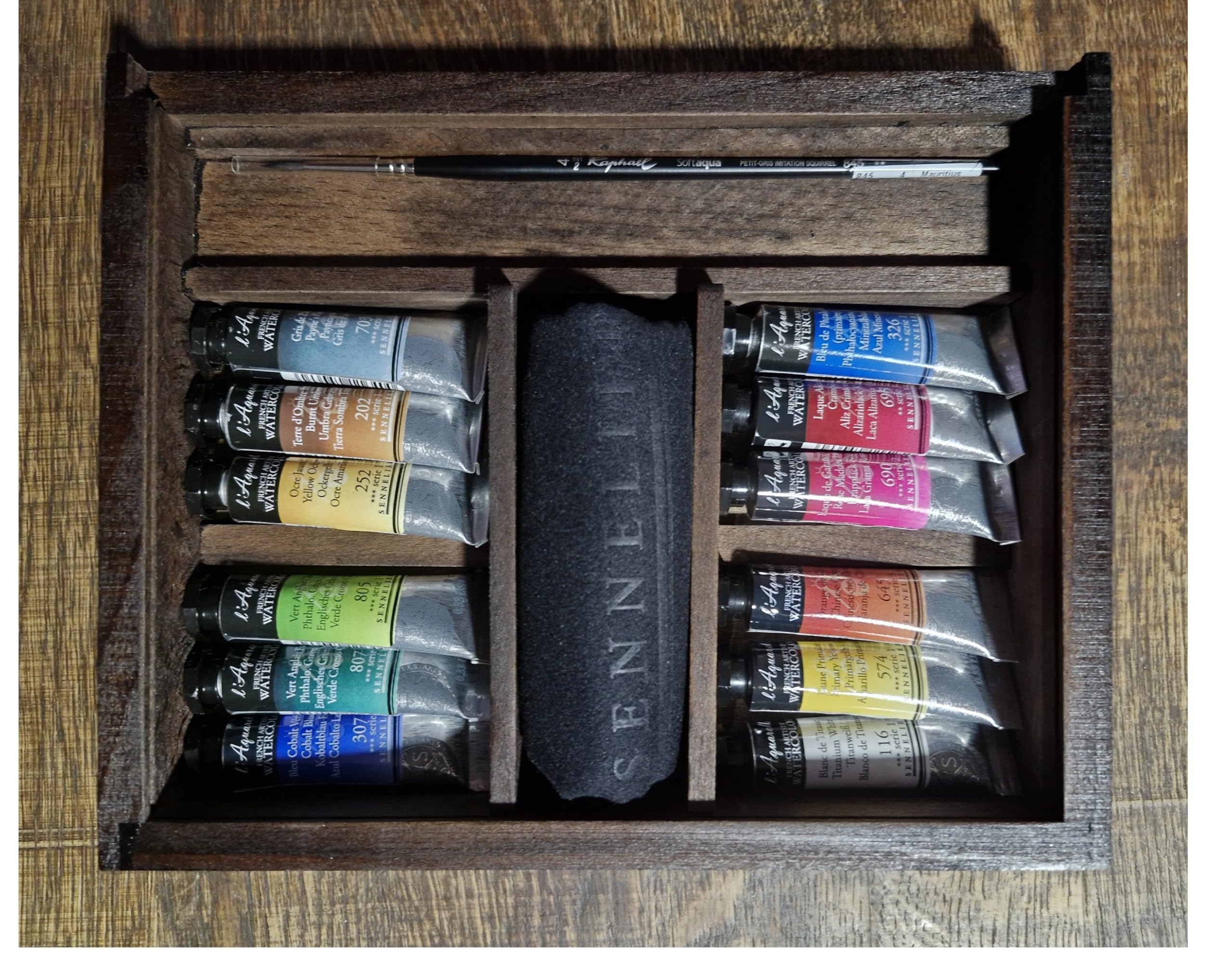 Sennelier Aquarelowe pudełko farby. Zestaw z drewna akwarelowego Extra Fine 12 tubek 10ml i pocztówki