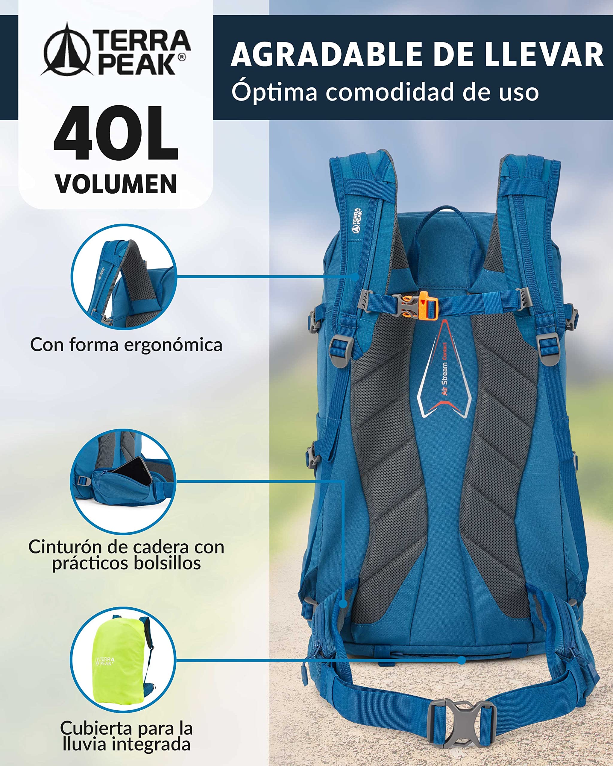 Terra Peak® Mochila de Senderismo 40L para hombre y mujer (FLEX 40 GRANDE) - Mochila de montaña, trekking y viaje para exteriores, ergonómica e impermeable con ventilación trasera (transpirable)
