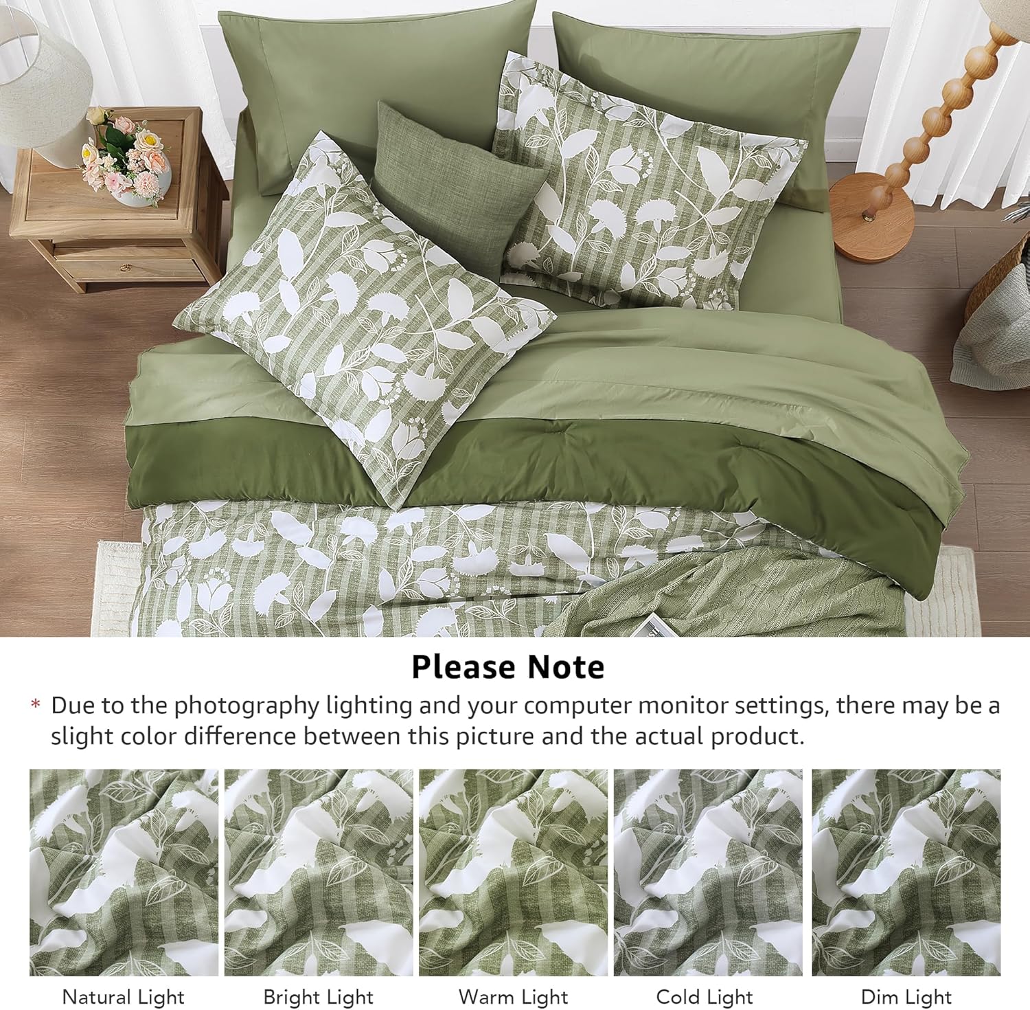 Full Comforter Set -7 Pieces Botanical Olive Green Comforter Set for All Seasons, Bed in a Bag Full with Flowers Floral Comforter, Sheets, Pillowcases & Shams - Image 5
