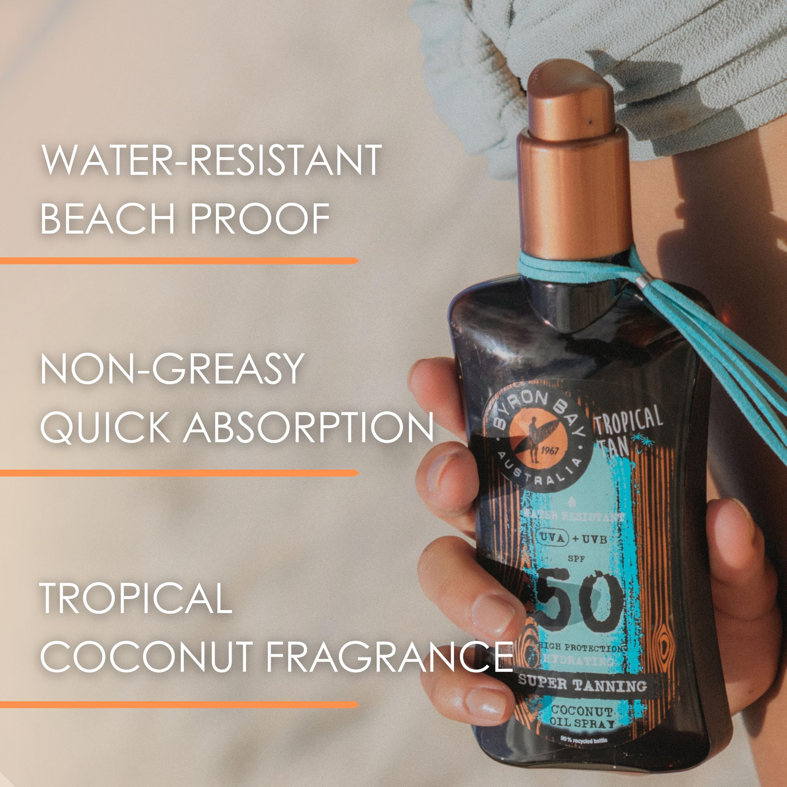Byron Bay Australia Huile Bronzante Spray SPF 50 Bronzage rapide et intense avec extrait de carotte et bêta-carotène, Protection UVA et UVB avec vitamine E et aloe vera, parfum tropical de coco, 200ml