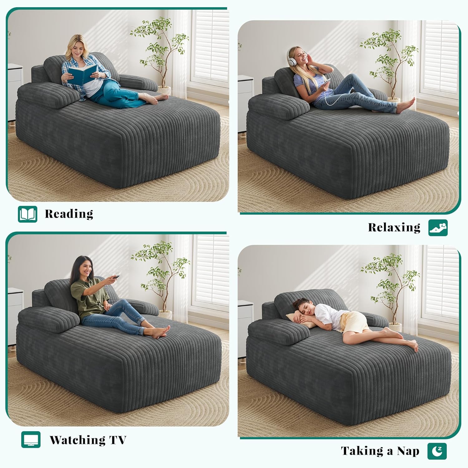 YITAHOME 67"L x 48"W Chaise Lounge Chair Indoor, Oversized Corduroy Upholstered Boneless Sofa Bed, Deep-Seat Sleeper Couch, Reading Chair, Cloud Sofa Couch for Living Room, No Assembly Required, Grey