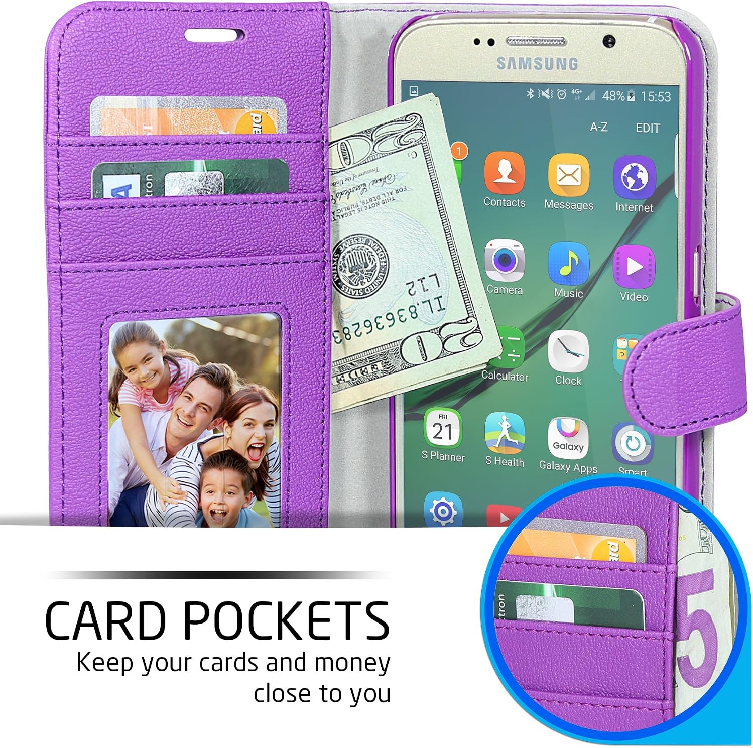 Galaxy S6 Case, BUDDIBOX [Wallet Case] Premium PU Leather Wallet Case with [Kickstand] Card Holder and ID Slot for Samsung Galaxy S6, (Purple)