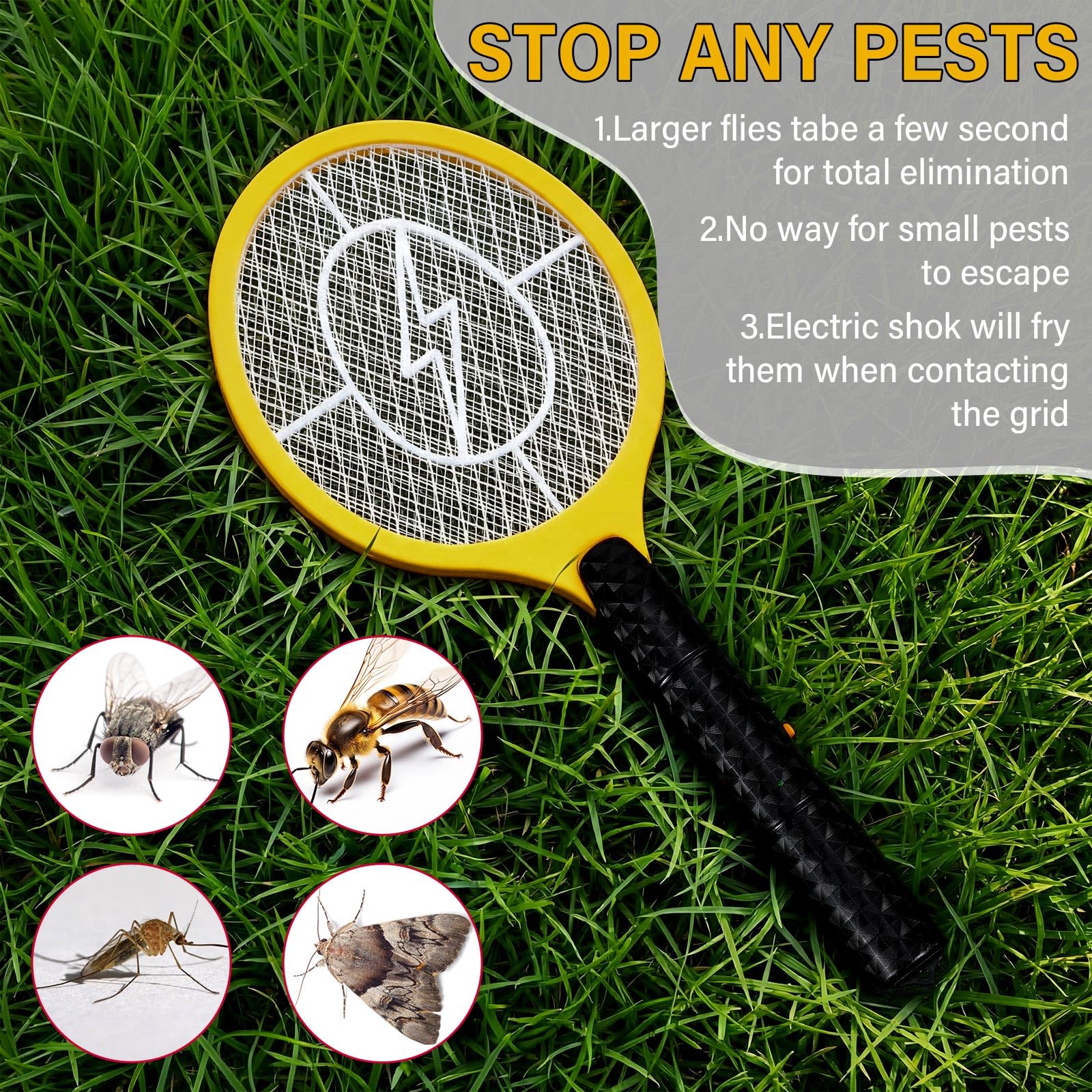 Paquete de 12 matamoscas eléctrico a granel, raquetas matamoscas para interiores y exteriores, raqueta de mosquitos con malla protectora, funciona con pilas AA, no incluidas (amarillo)