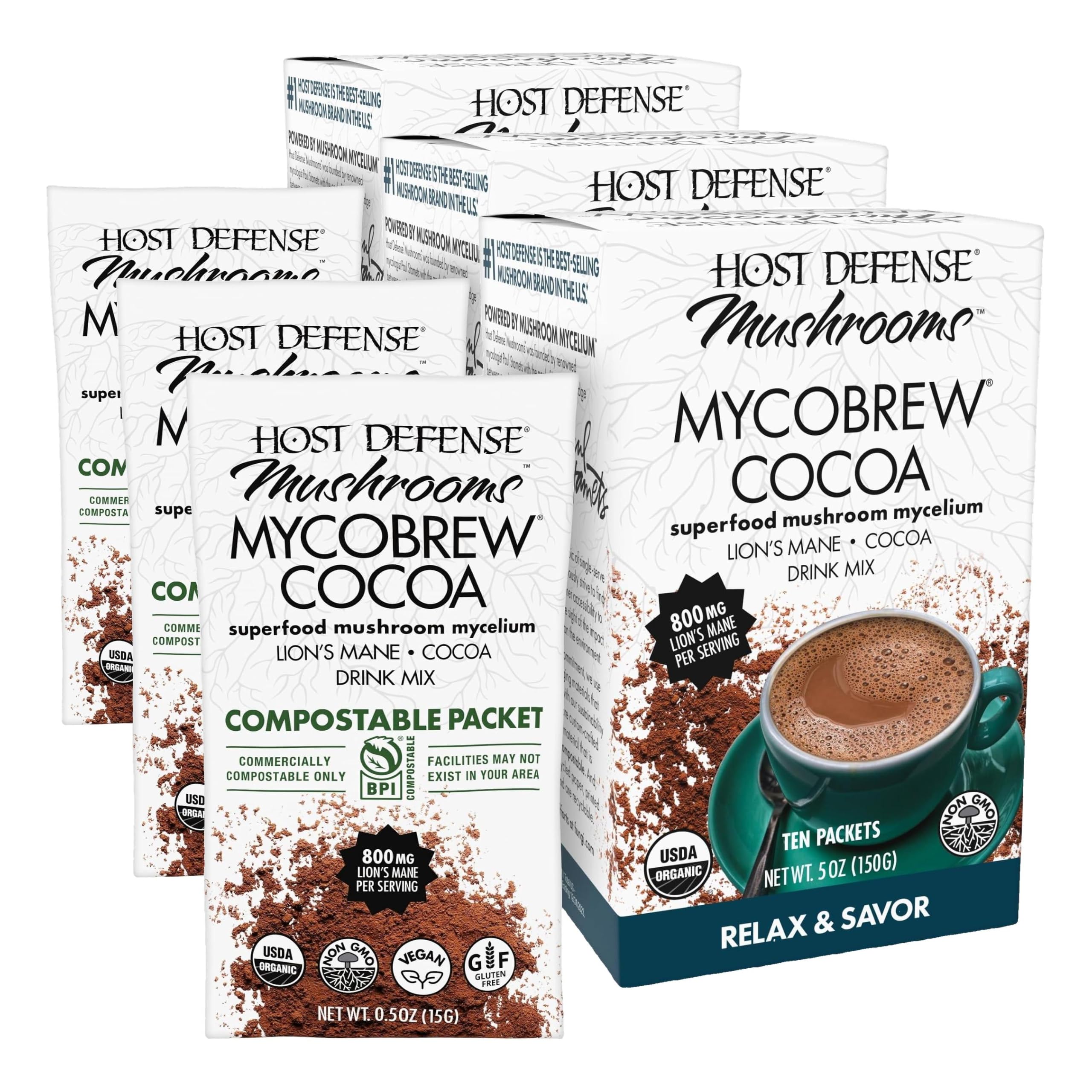 Host Defense MycoBrew Cocoa - Cocoa Drink Mix Includes Lion's Mane Mushroom Powder - Superfood Powder Drink Mix with Fair Trade Certified Chocolate - 30 Packets (10 Servings) 5 Ounce (Pack of 30)