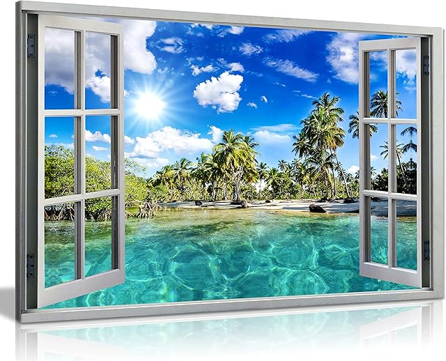 Caribbean Beach Holiday 3D Window Effect Canvas Wall Art Picture Print (24X16)