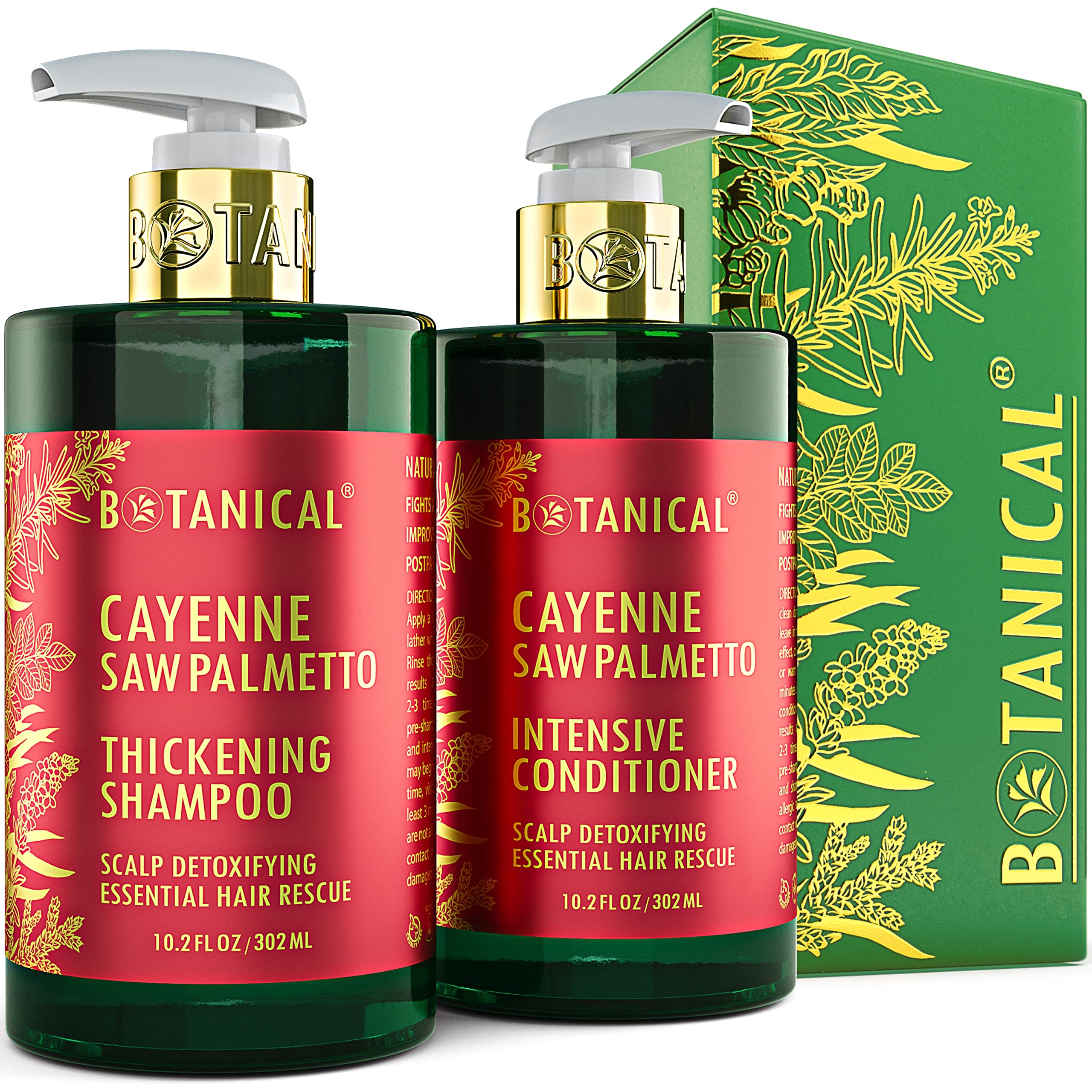 Botanical Hair Growth Thickening Shampoo and Anti-Thinning Conditioner “Scalp Detox” Cayenne Saw Palmetto Shampoo for Hair Loss, Thickening Products For Women & Men (Pack of 2)