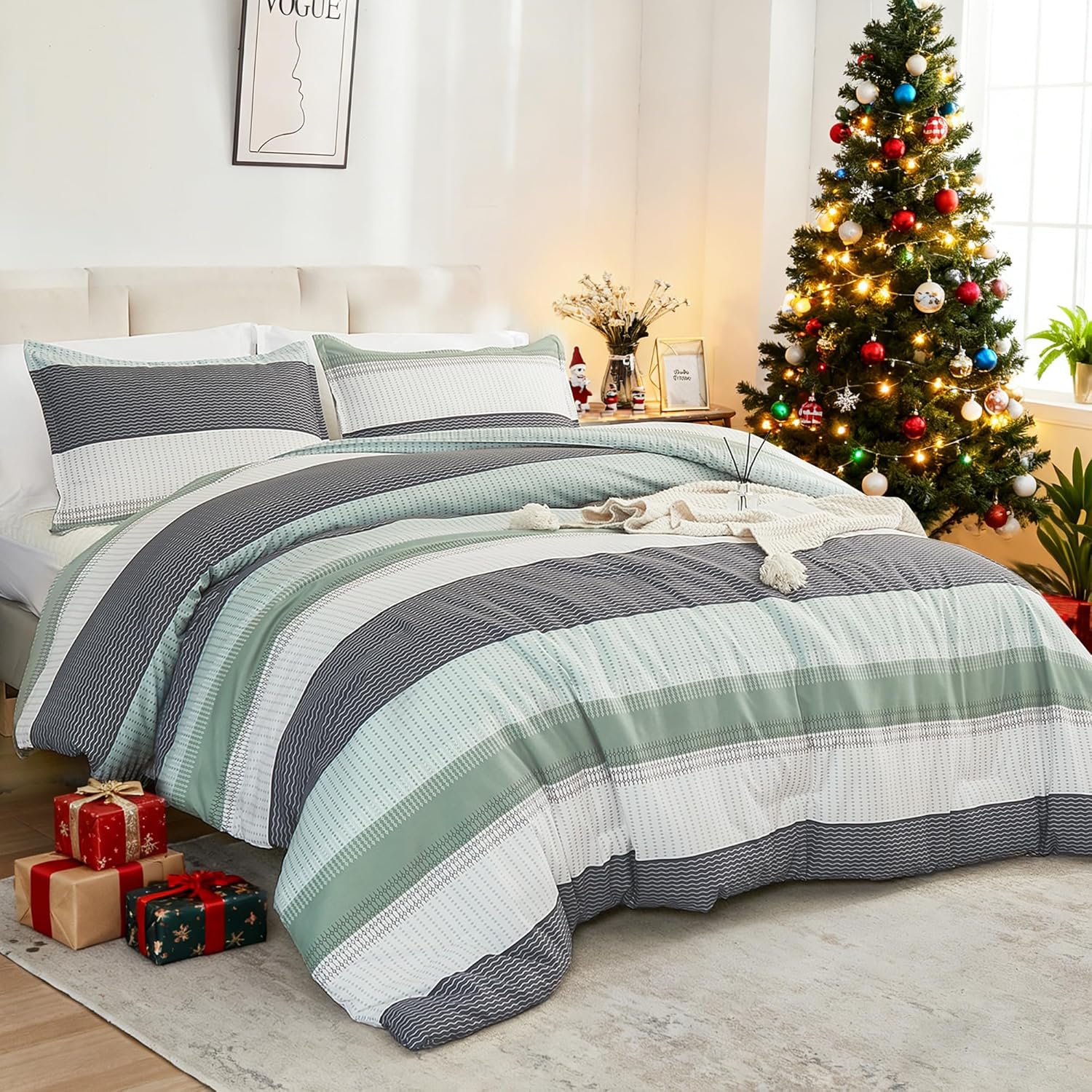 Litanika King Size Comforter Set Sage Green - 3 Pieces Lightweight Quilt Bedding Comforter Sets, Light Green White Colorblock Stripe Fluffy Bed Set, All Season Down Alternative - Image 3