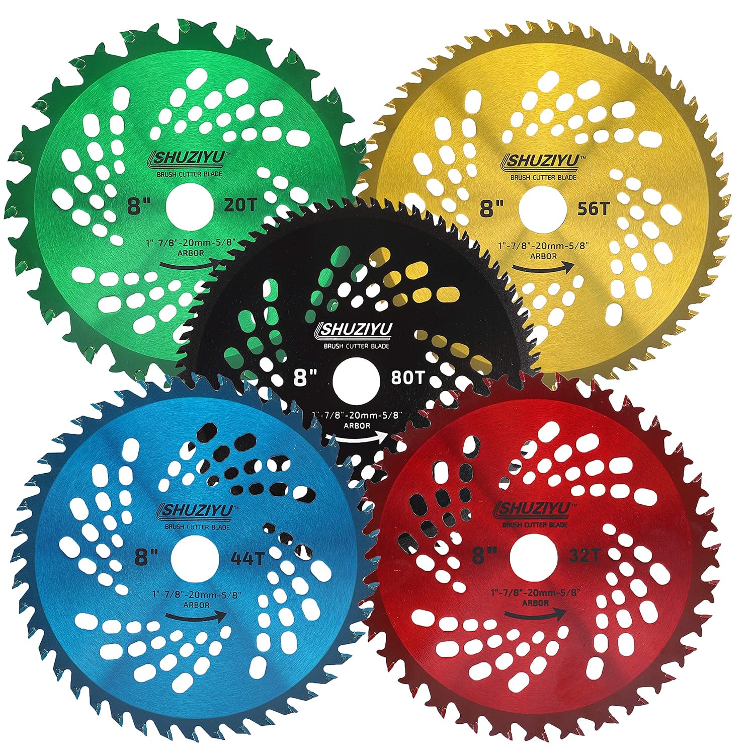 8"-20T-32T-44T-56T-80T, 5pcs-Set. 1" Arbor with Washer Adapter 7/8"-20mm-5/8, Brush Cutter Blade, Trimmer Weed Blade. Suitable for All Brand of Brush Cutter