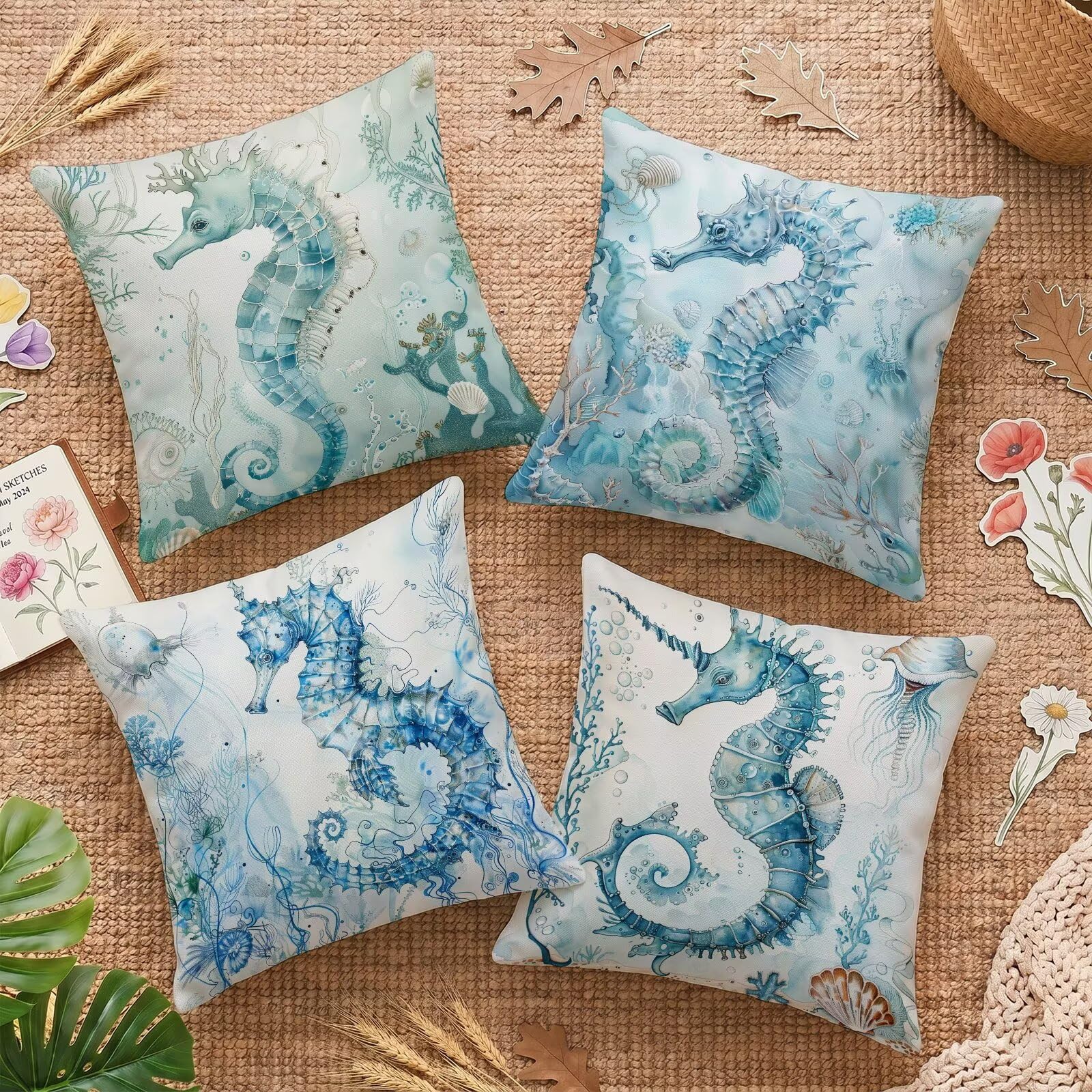 Federe Cuscini Divano 60x60cm Set di 4 Stampa Fronte-Retro Oceano Haima in Lino Copricuscini, Cuscini da Esterno Impermeabili per Soggiorno Camera da Letto Giardino & Arredamento Casa C-O162