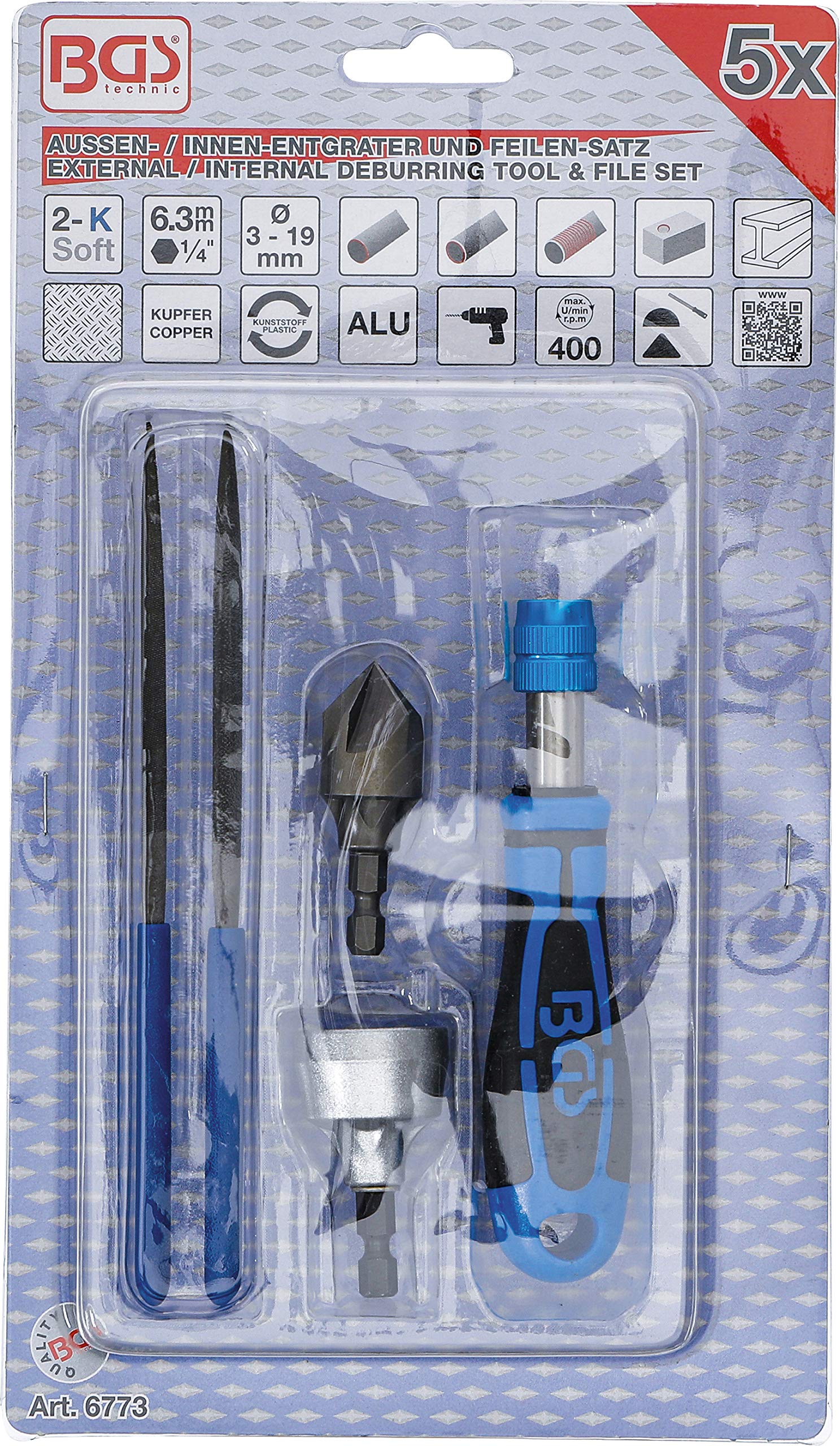 BGS 6773 Entgrater- & Feilen-Set 5-tlg. – Für Bohrungen 3-19mm, Max. 400 U/min