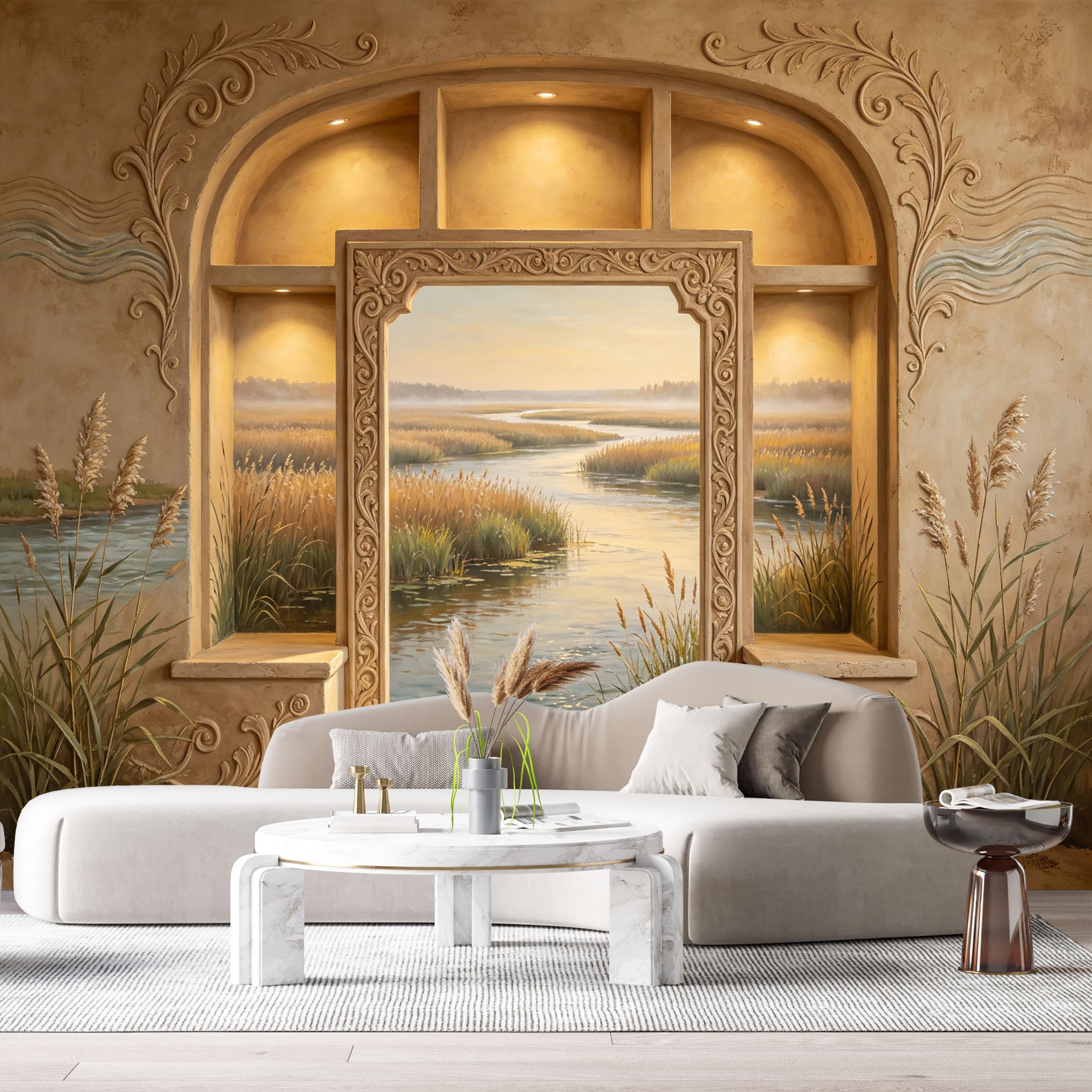 Custom Size Wall Murals Classical Fantasy Archway Marsh River Wetland 3D Trompe L'Oeil SelfAdhesiveWall Fabric Removable Wallpaper Wall Decor for Living Room Bedroom Bathroom