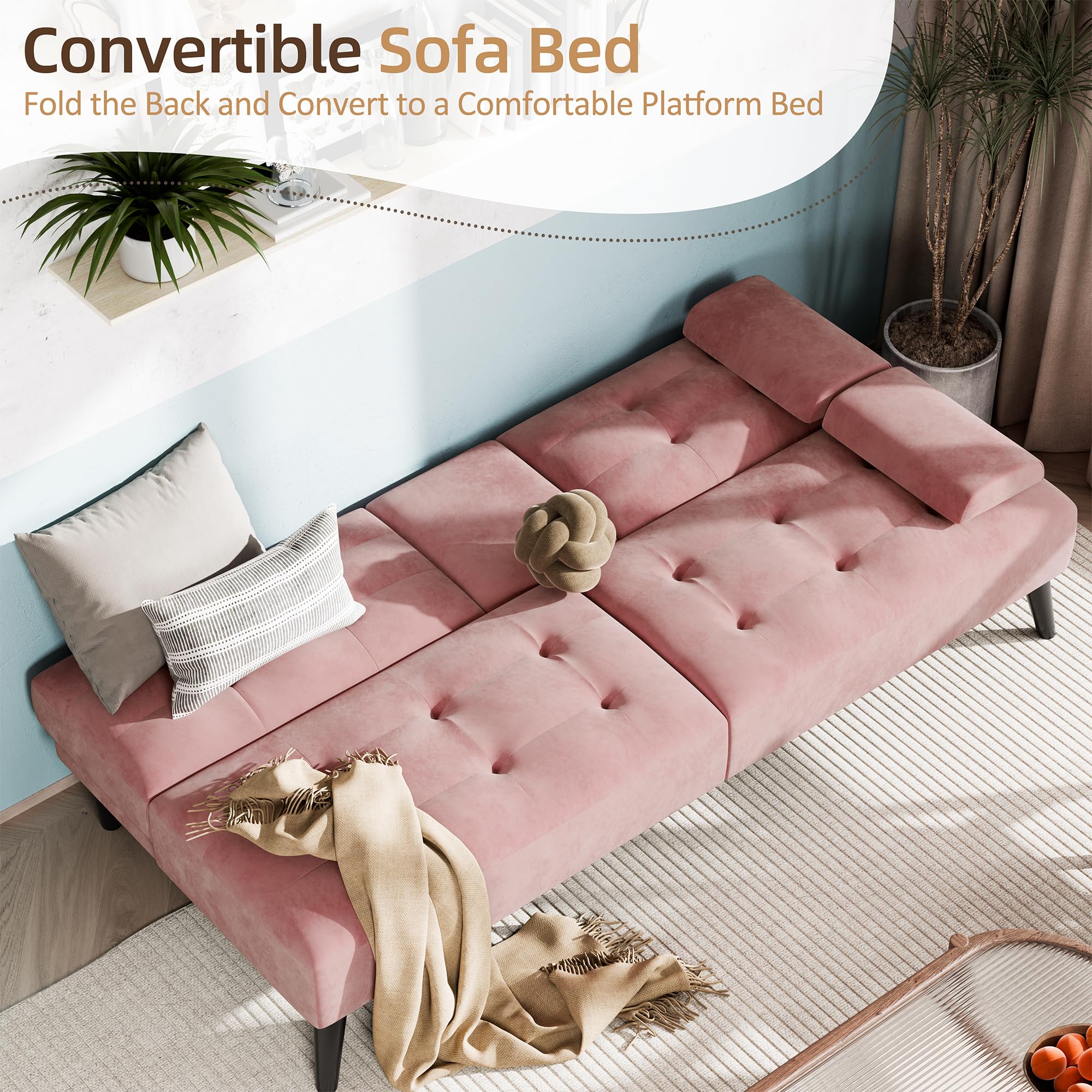 Shintenchi 64" Futon Sofa Bed, Velvet Foldable Couch, Reclining Sleeper with Removable Armrests, Upholstered Loveseat Sofa Couch with Folding Cup Holders for Home, Office, Pink
