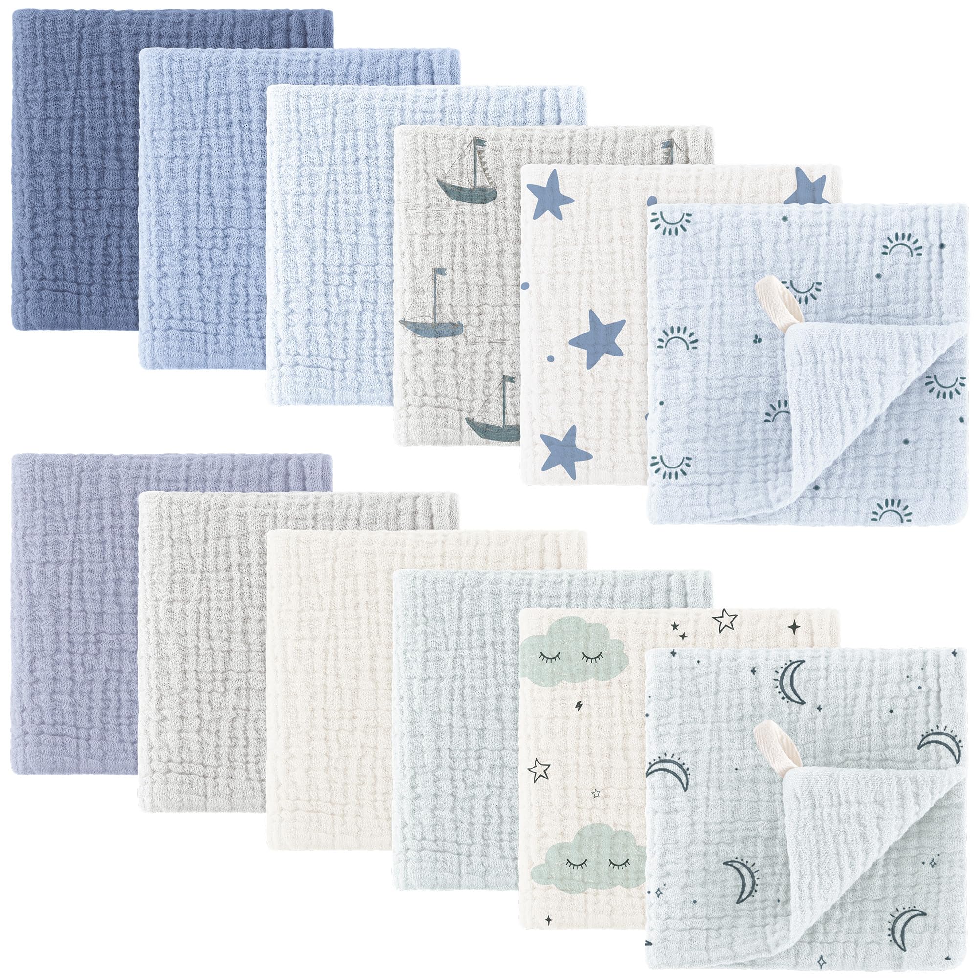 bearmoss Lot de 12 Gants de Toilette en Mousseline 100% Coton Doux, Respirants et extrêmement absorbants pour bébé - 25 x 25 cm (Bleu-Vert)