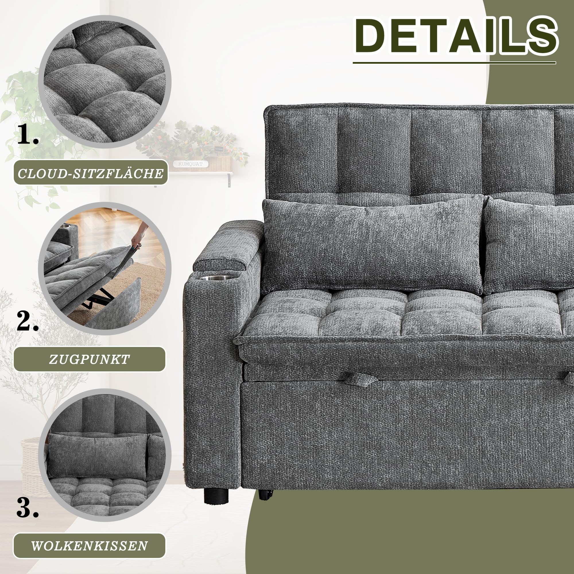 Canape Dangle Convertible, Canapé 2 Places Convertible 142cm, 3-en-1 Canapé Lit avec Fonction Relax, 2 Coussins Lomabires, Rangements Intégrés, Poches Latérales et Porte-Gobelets, Gris