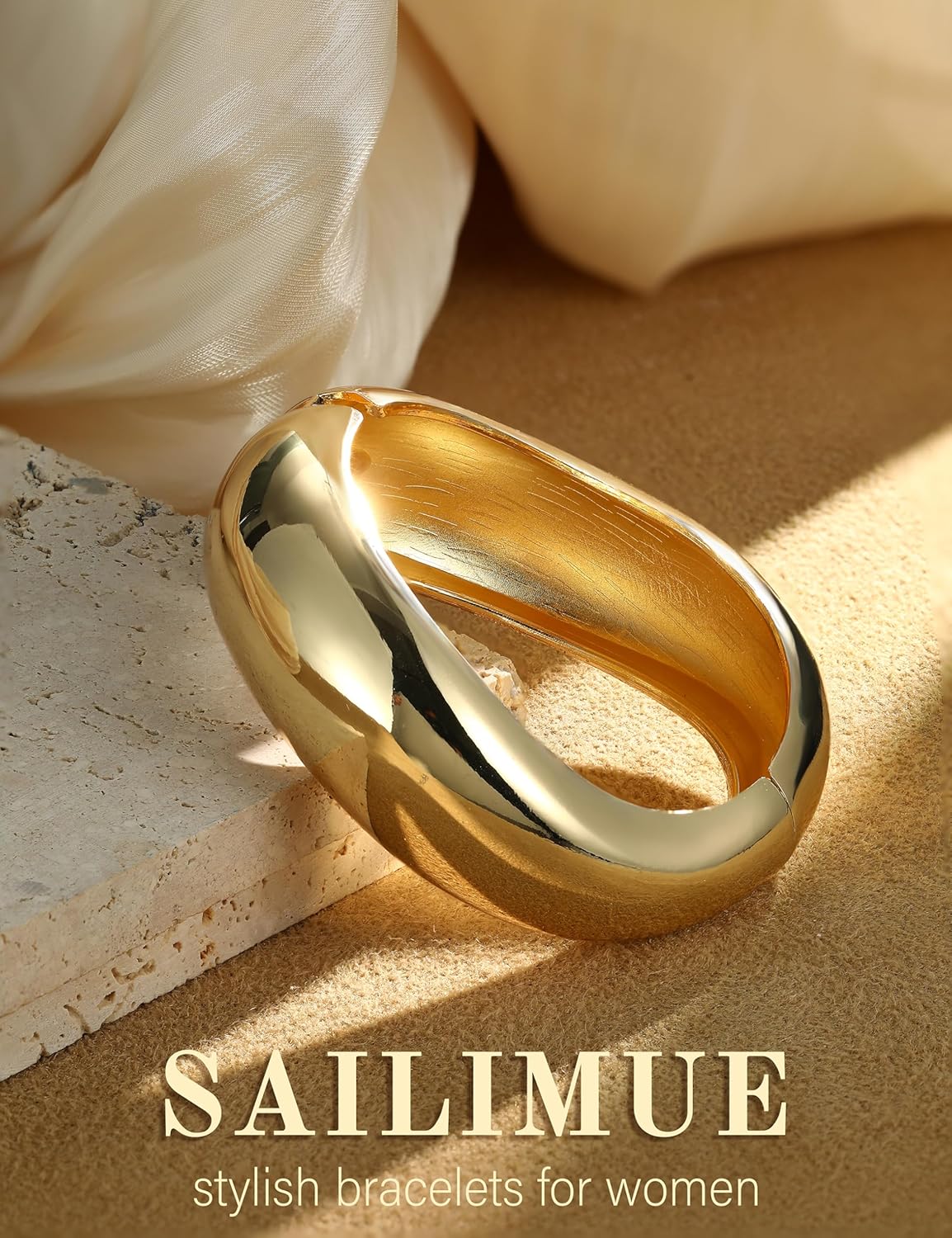 sailimue Chunky Gold Bangles Bracelets for Women - Non Tarnish 16K Gold Plated Cuff Bracelets Stack Hinged Open Bangle Trendy Jewelry Gifts - Image 3