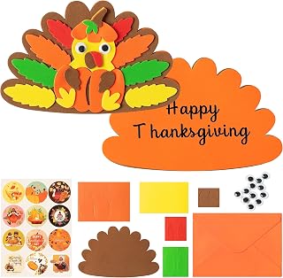B1ykin Thanksgiving Thankful Cards Foam Crafts Kit for Kids, DIY Fall Turkey Thankful Card with Envelopes, 12 DIY Sets Autumn Greeting Cards Crafts for Party School Classroom Home Activities Supplies