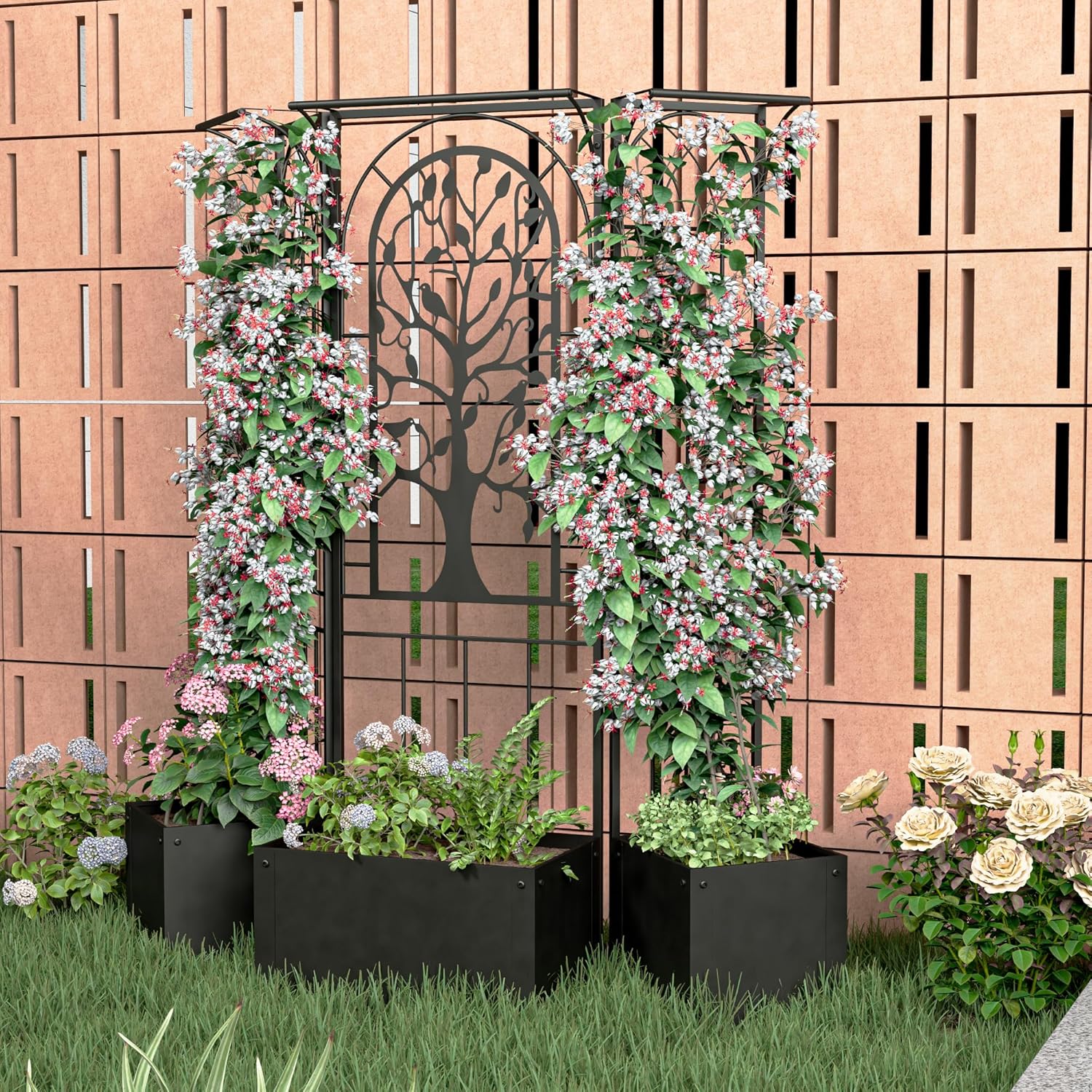 Metal Planter Box with Trellis, Raised Garden Bed with Trellis Privacy Screen, 62 inch Tall Planter Boxes for Climbing Plants, Flowers, Vegetables, Fruits, Balcony and Patio Decor (Black)