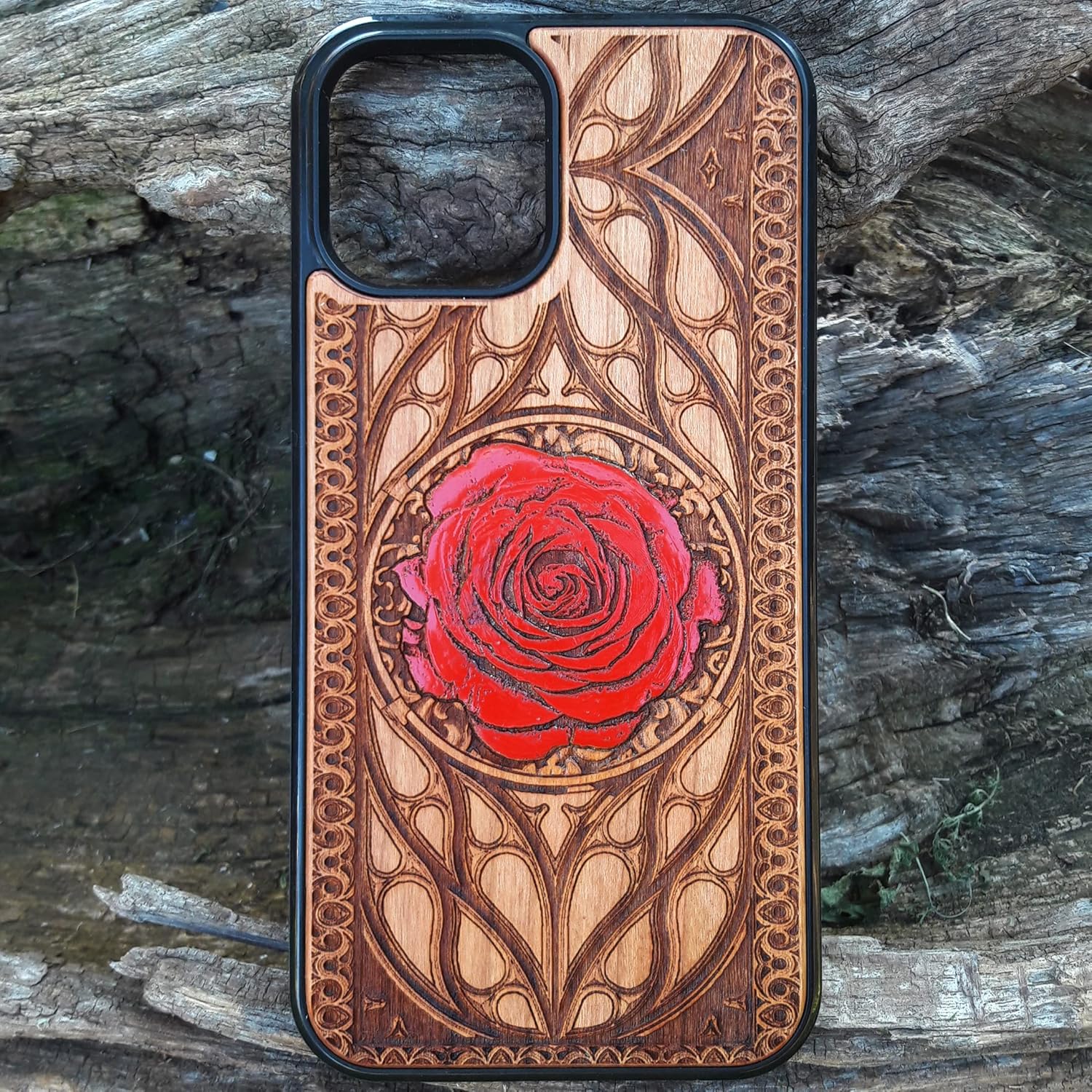 Red Rose Painted Laser Engraved Wood Case Fits iPhone 17, 16, 15 Pro Max Mini & Galaxy S26, S25, S24 Ultra Plus – Eco-Friendly, Slim, Durable Wooden Phone Cover