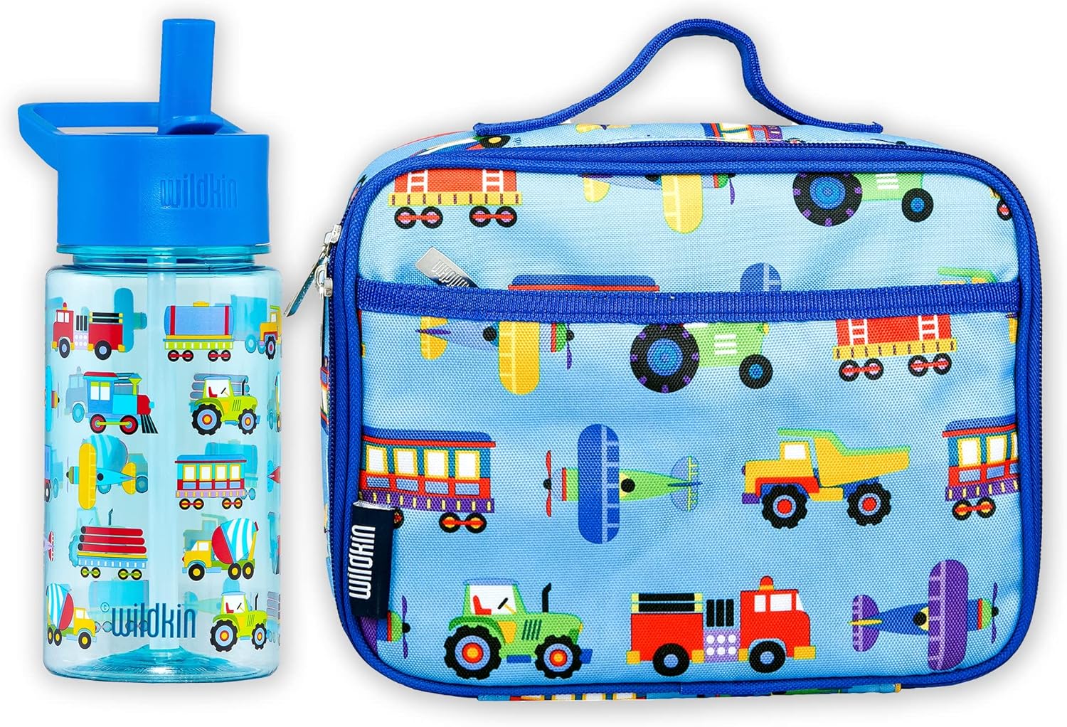 Wildkin Lunch Box Bag Bundle with 16 oz Reusable Water Bottle – Insulated, Durable Kids Lunch Set for School & Travel - Trains, Planes & Trucks