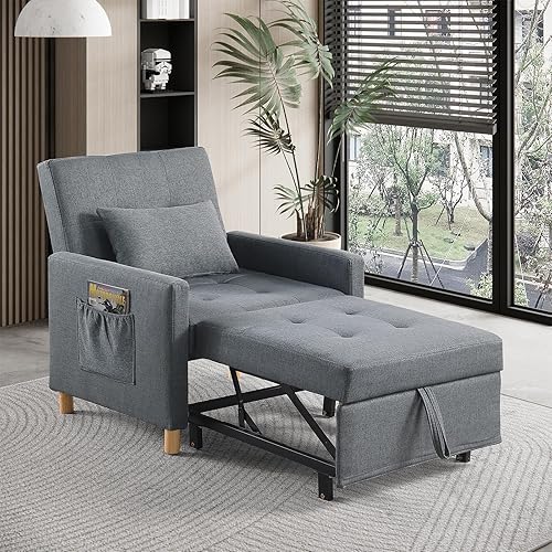 Vista 23 de Silla de cama convertible, sofá cama extraíble con respaldo ajustable, tela de lino, silla convertible con bolsillo lateral para sala de estar