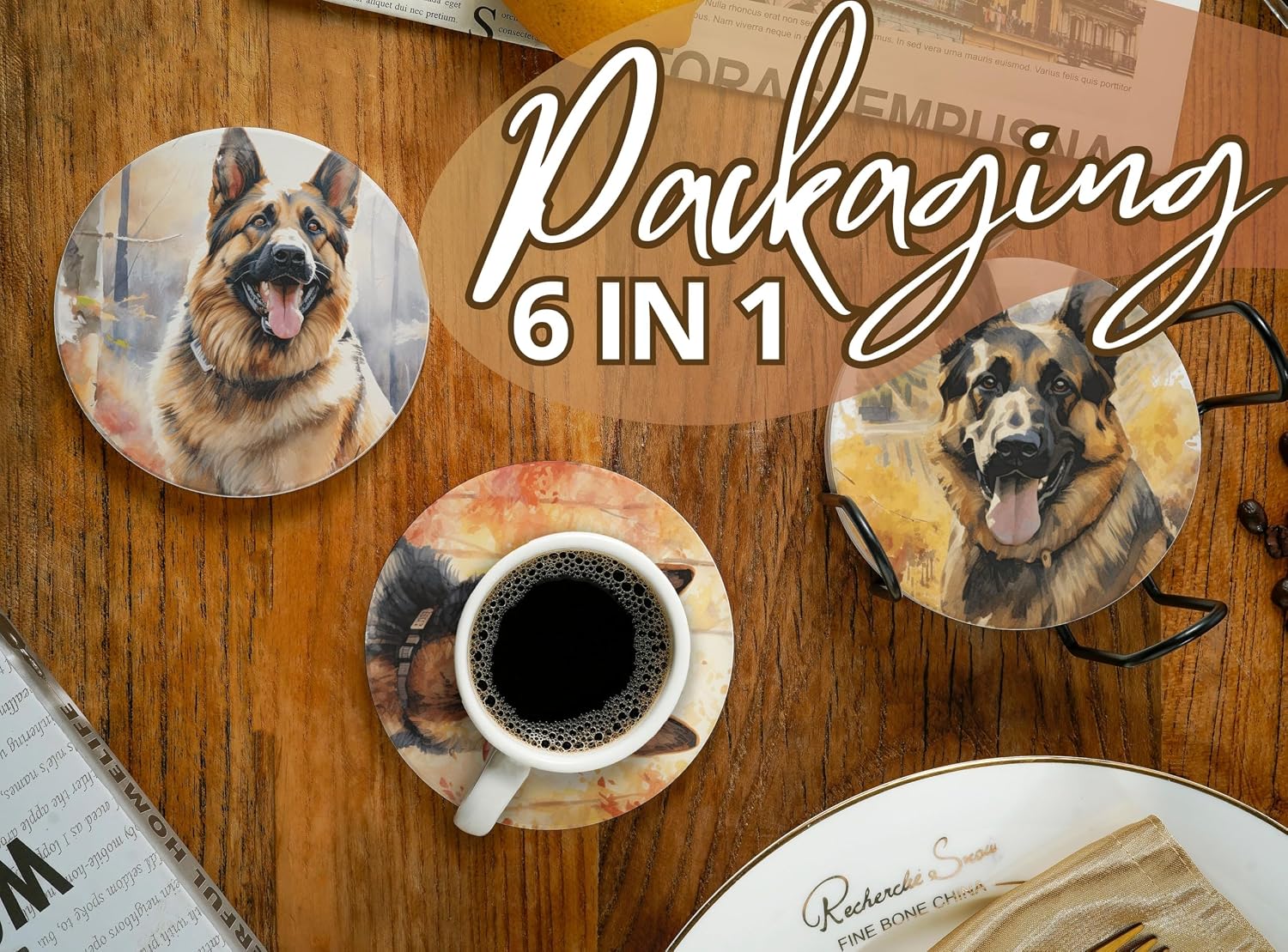 Onebttl German Shepherd Gifts Coaster, Ceramic, Absorbent with Cork Base, Gifts for German Shepher Lover, DHome Decor for Family, Housewarming, Thanksgiving