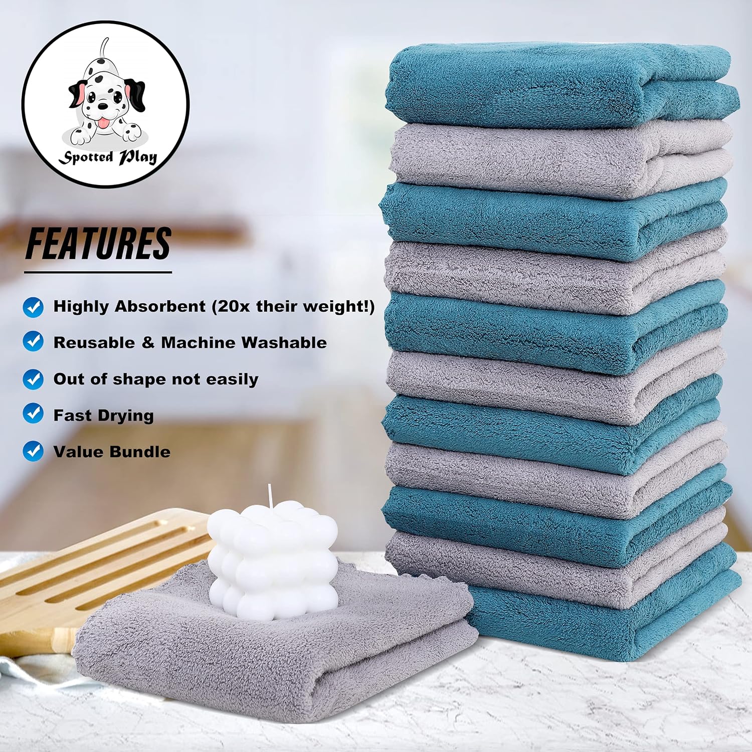 Spotted Play 12 Pack Kitchen Towels, No Water Mark - 0% Shed Lint, Super Soft and Absorbent Reusable Dish Towels, Tea Towels and Bar Towels(15 x 25 Inches, Ocean Aqua - Grey)