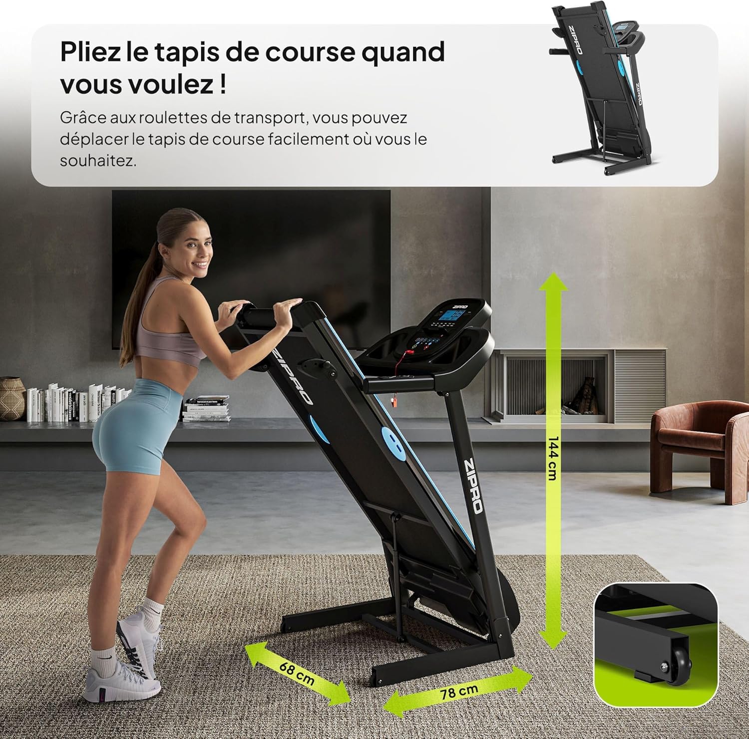 Side view of the ZIPRO Tekno Treadmill in its folded position.