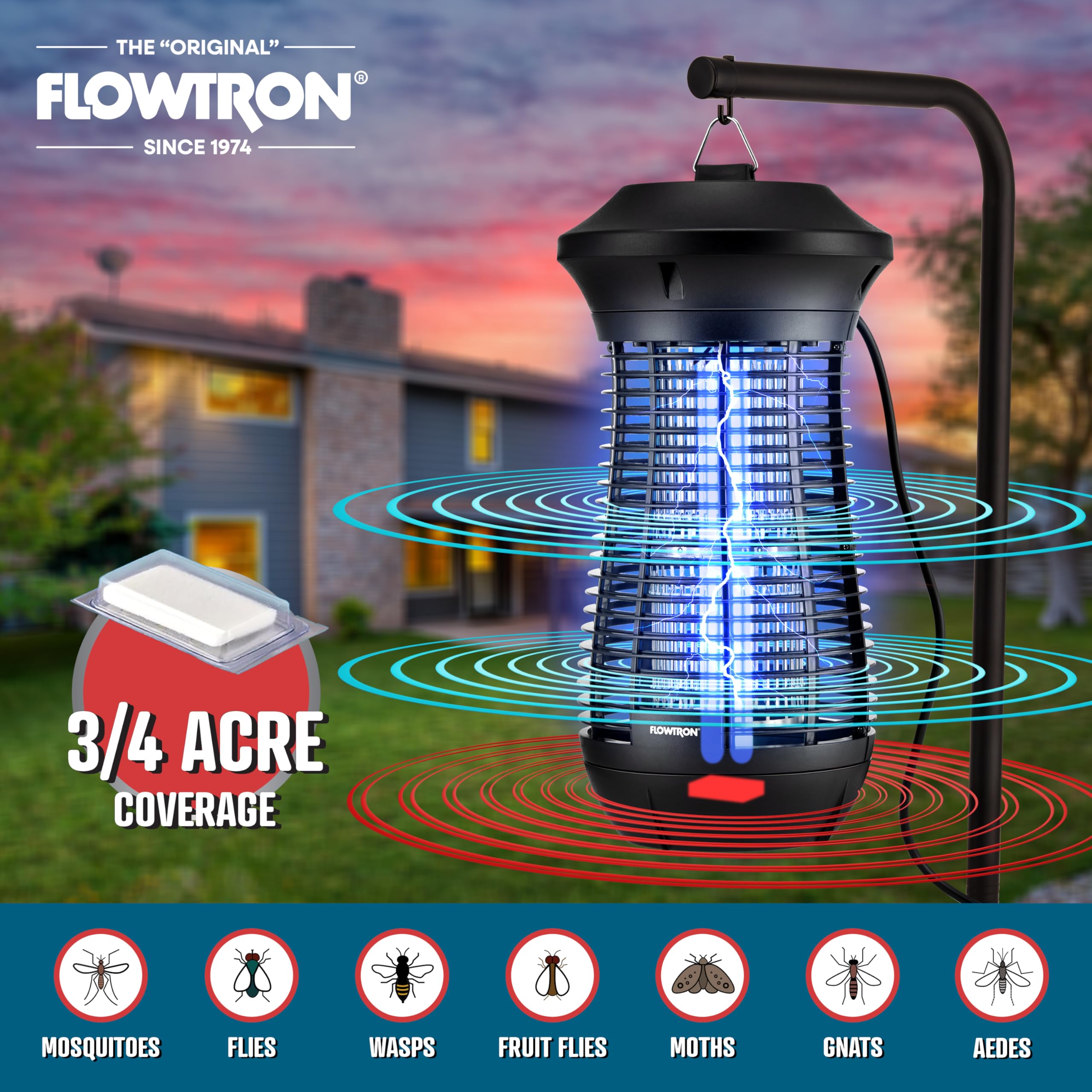Flowtron Insektenvernichter für den Außenbereich, 4000 V, elektrischer Insektenvernichter mit ¾ Acre-Abdeckung, nicht verstopfendes Stoßgitter, tötet Mücken, Fliegen und fliegende Insekten, Terrasse