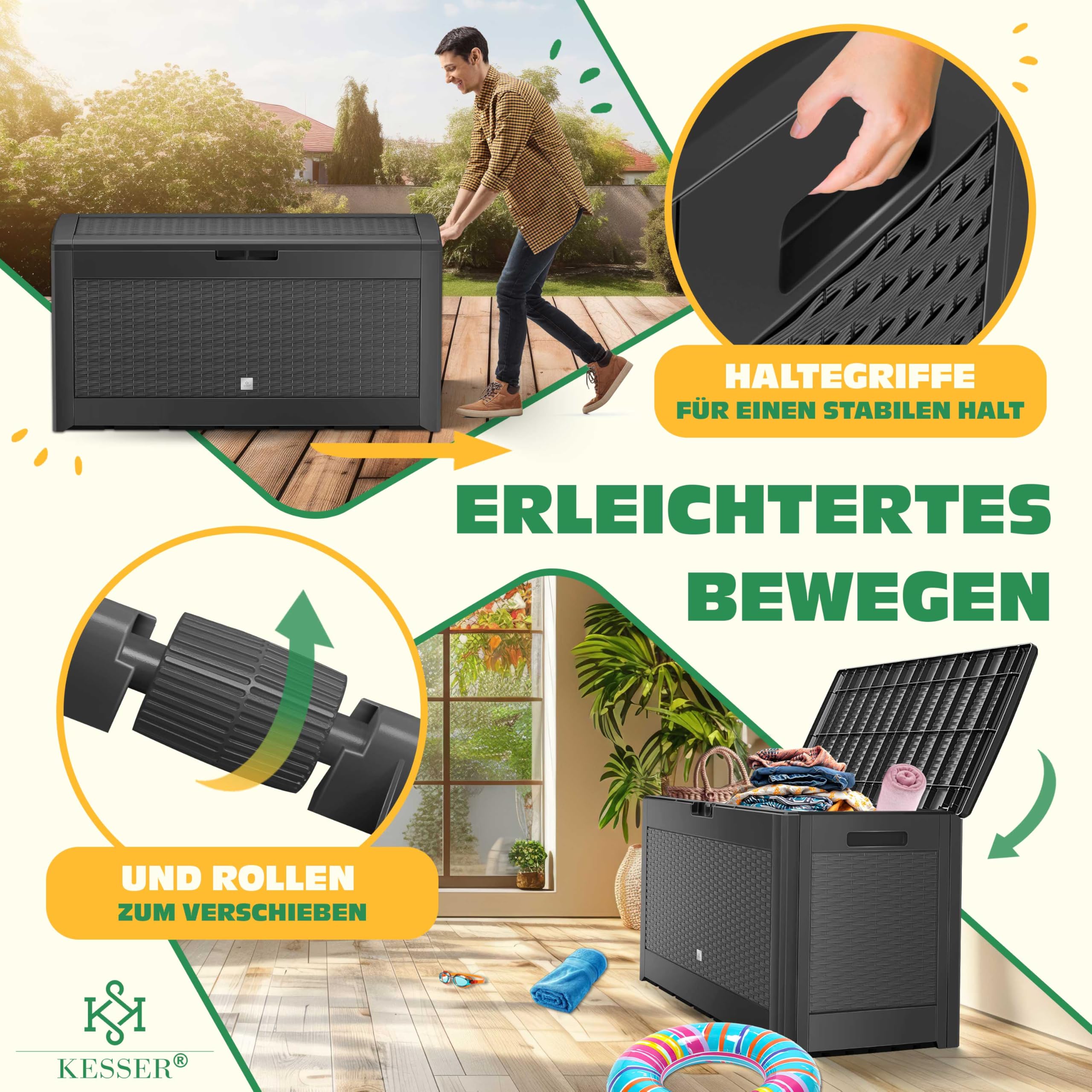 KESSER® Auflagenbox Kissenbox 𝟯𝟭𝟬𝗟, Klicksystem, mit Rollen & Haltegriffen, Deckel mit Hubautomatik, abschließbar, bis zu 290kg, Gartenbox Wasserdicht, Vielseitige Kissenbox, Rattanoptik-Anthrazit