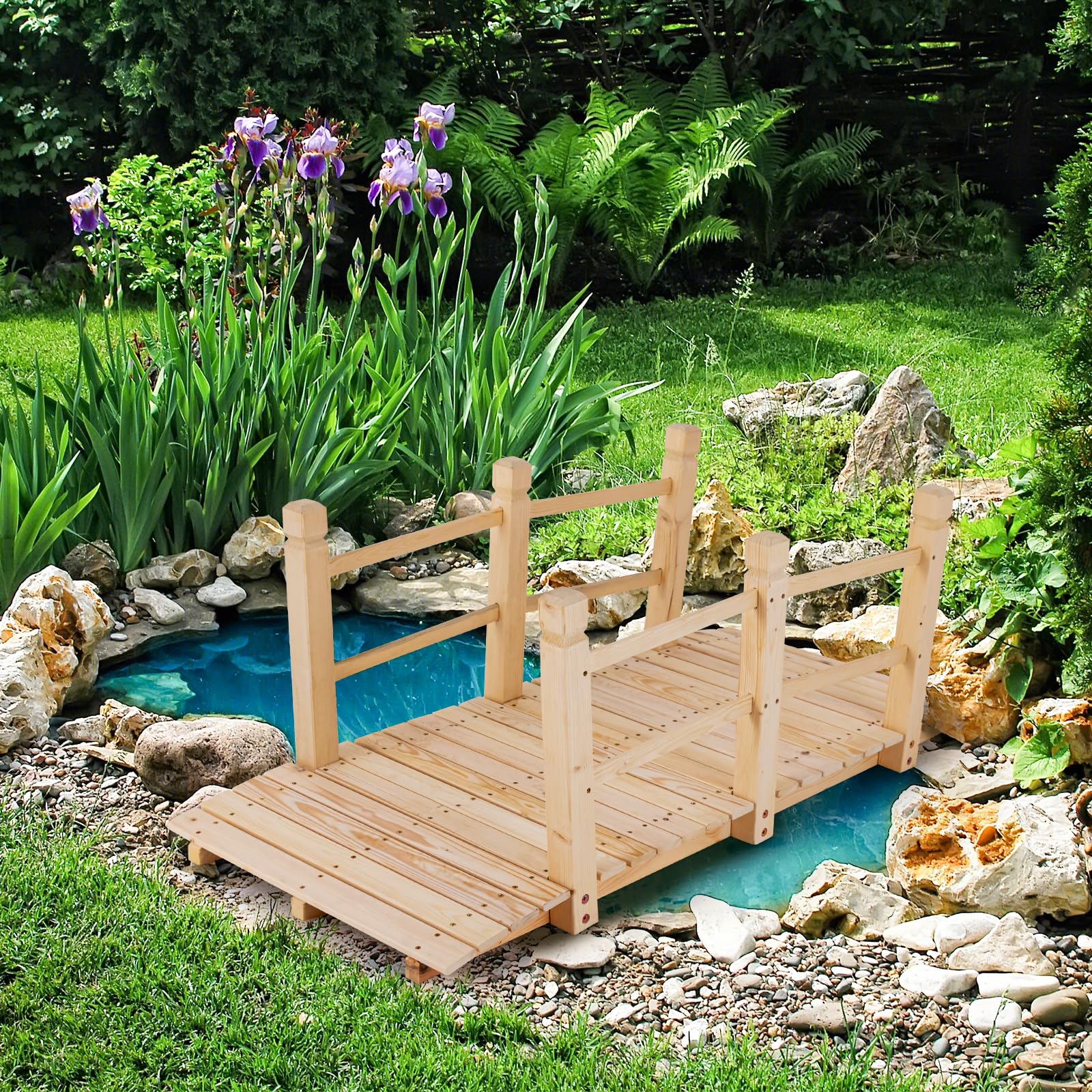 RELAX4LIFE Puente de Madera de Cedro Carbonizada con Barandilla, Puente para Estanque, Jardín y Patio, Decoración Jardín, Carga 100 kg, 150 x 67 x 55 cm (Natural)