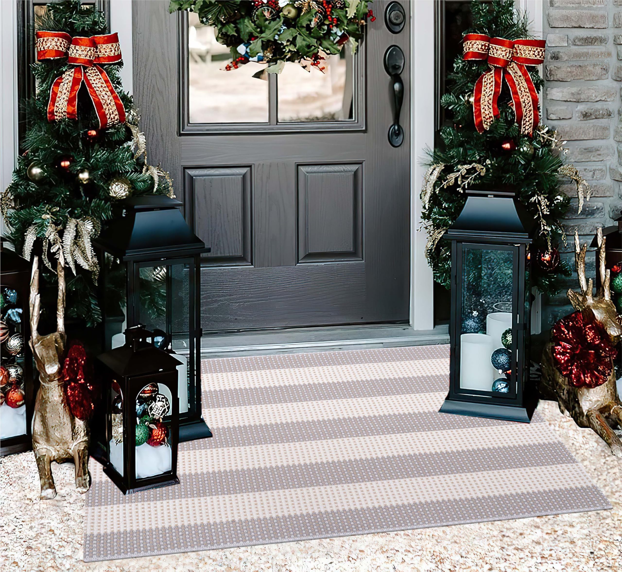 Tapis d'entrée extérieur 60 x 90 cm, rayé Gris et Blanc, Lavable en Machine
