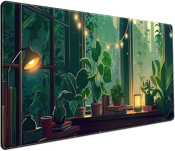 Cute Green Lofi Desk Mat Plants Mouse Pad Anime Forest Aesthetic Nature Desk Pad, XXL Large Gaming Extended Mousepad for PC Laptop Keyboard Mouse Mat Women Office Decor Girl Playmat 31.5x15.75 in - Green Leaves