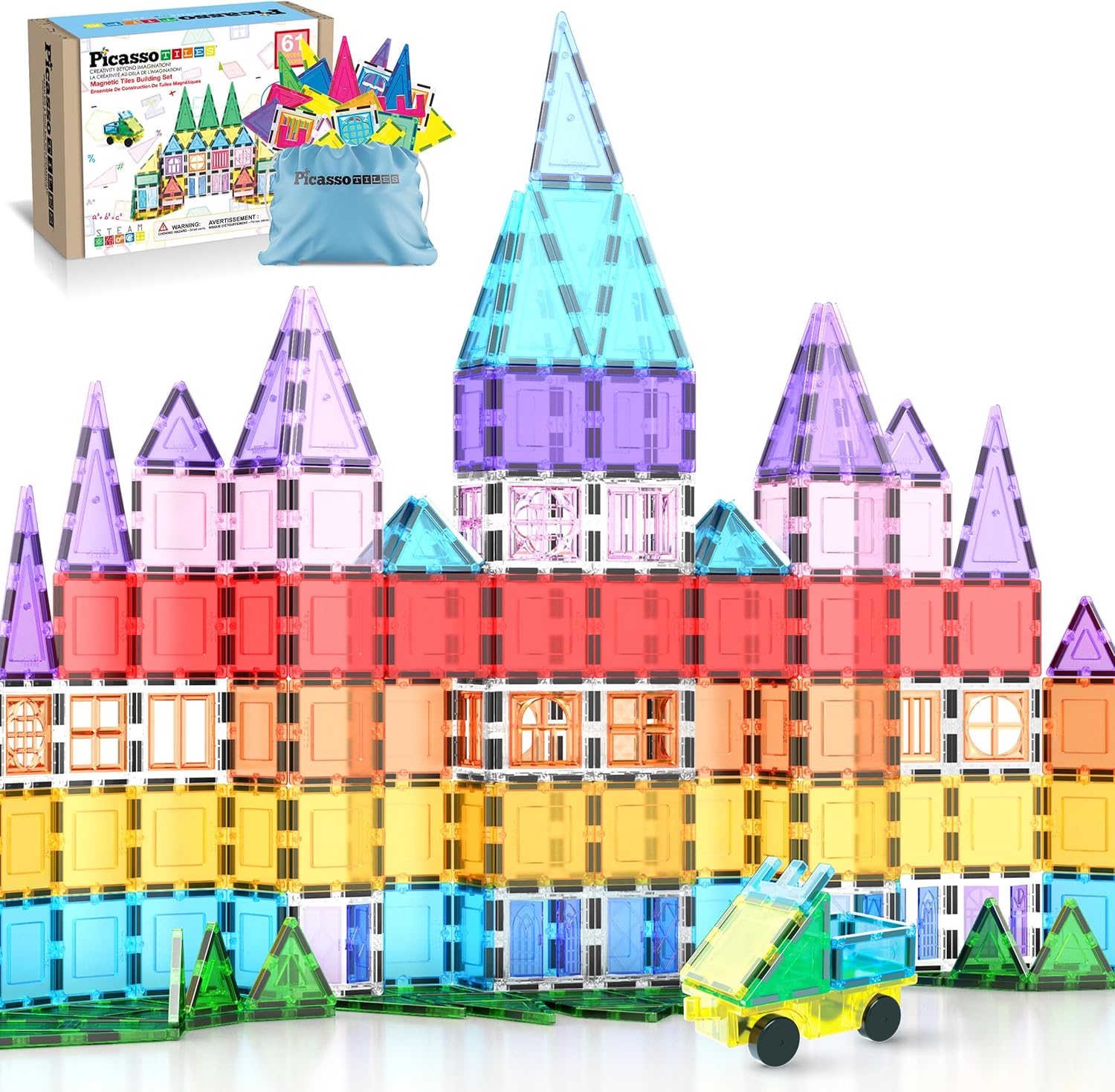 PicassoTiles Magnetic Tiles 61 Piece Magnet Tile Building Blocks Construction Sensory Toy Set with Carry Bag Storage Bin Container STEM Toddler Learning Educational Pretend Play Boy Girl Ages 3+ PT07