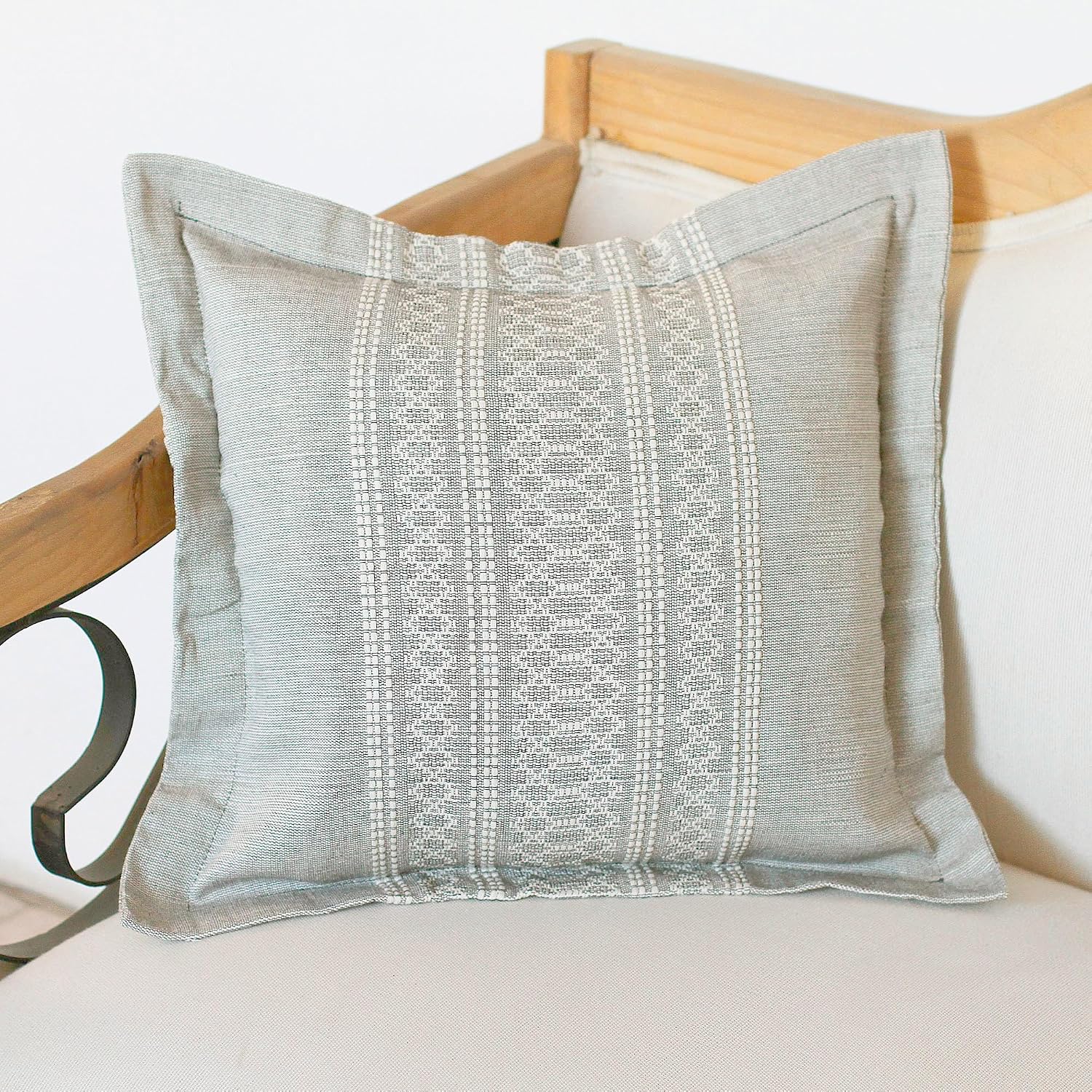 NOVICA Artisan Handmade Cotton Silk Blend Cushion Cover in Grey from Mexico Pillows Throws Covers Patterned Natural Materials Woven [21in L x 20.25in W] ' Soapstone'